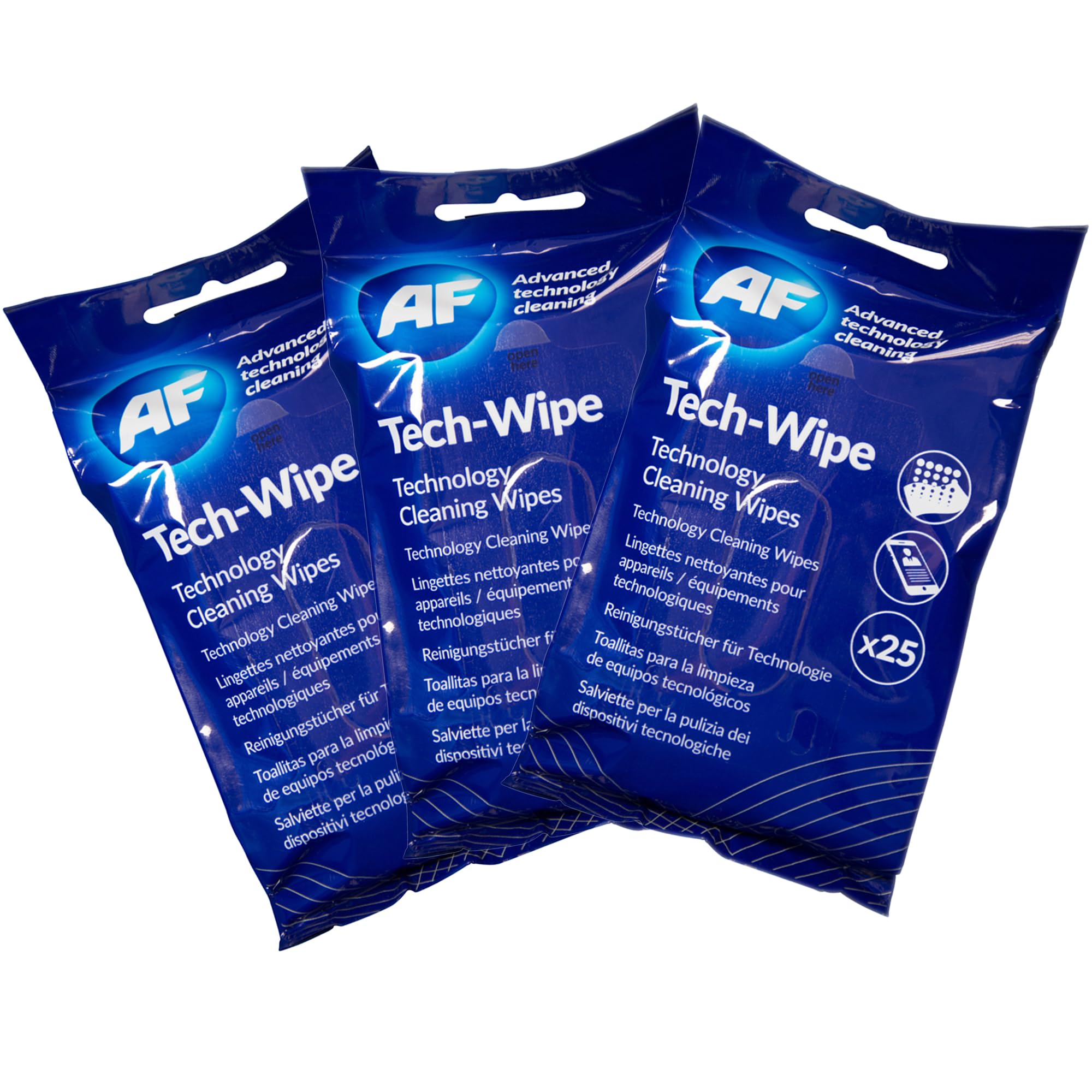 AF Tech Wipes - 3 Packs of 25 Pre-Moistened Wipes for Screens, Phones & Tablets