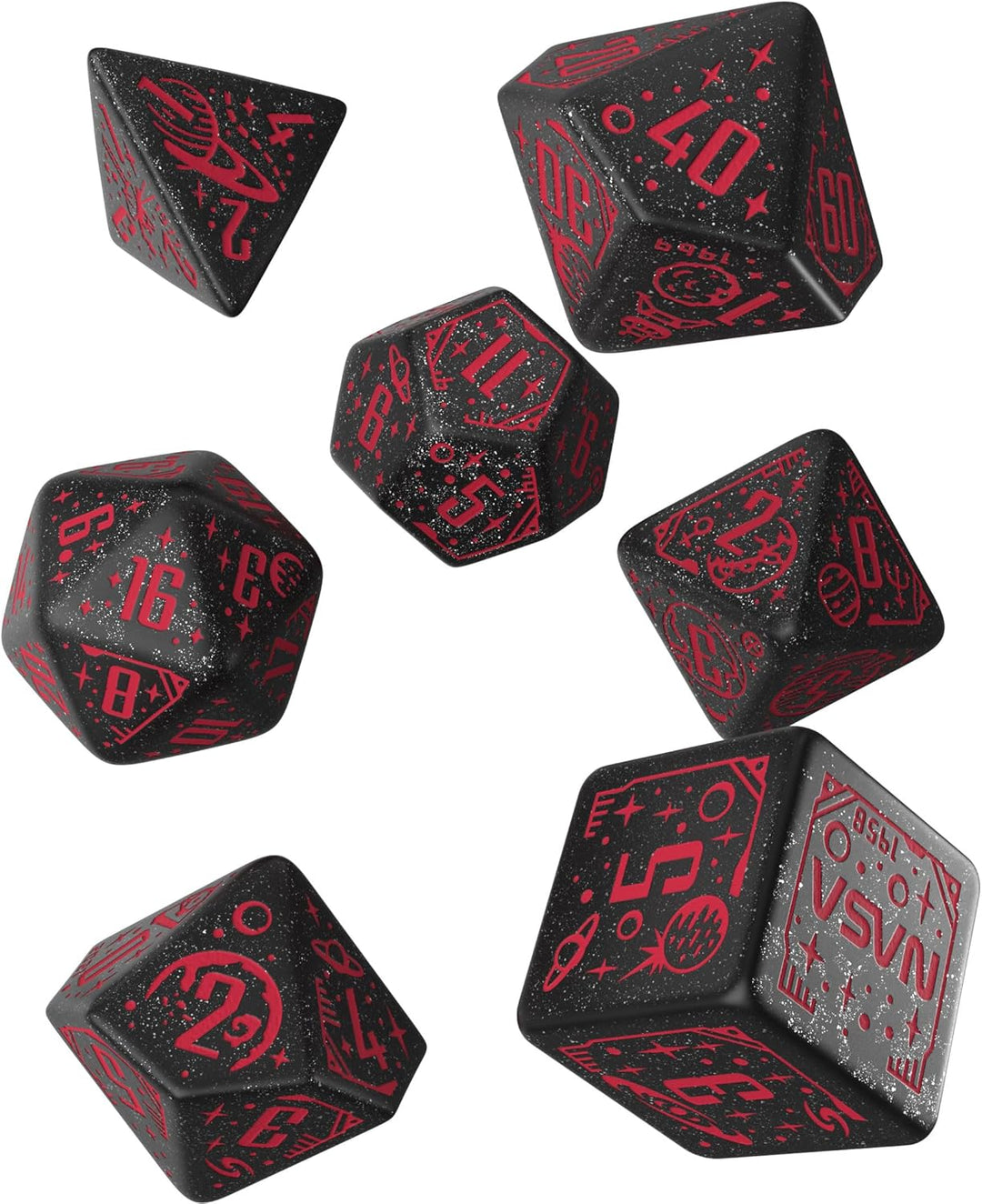 Q WORKSHOP - Space Dice Set Voyager RPG Dice – Shimmering Black with Red Engraving (7-Piece Set)