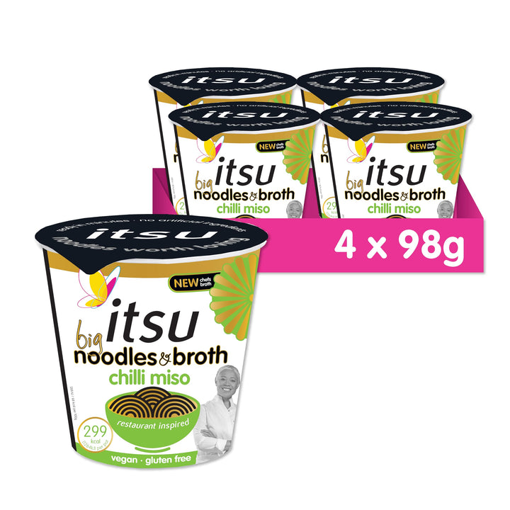Itsu Big Chilli Miso Instant Noodles & Broth Pot 98g - Pack of 4 | Gluten Free Vegan Rice Noodles