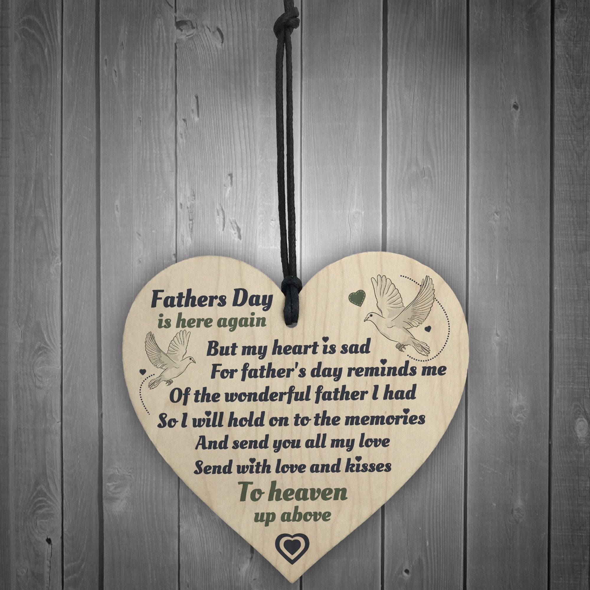 RED OCEAN Father's Day Hanging Wooden Heart Memorial Sign | 10 x 10 cm | Black | Made in England