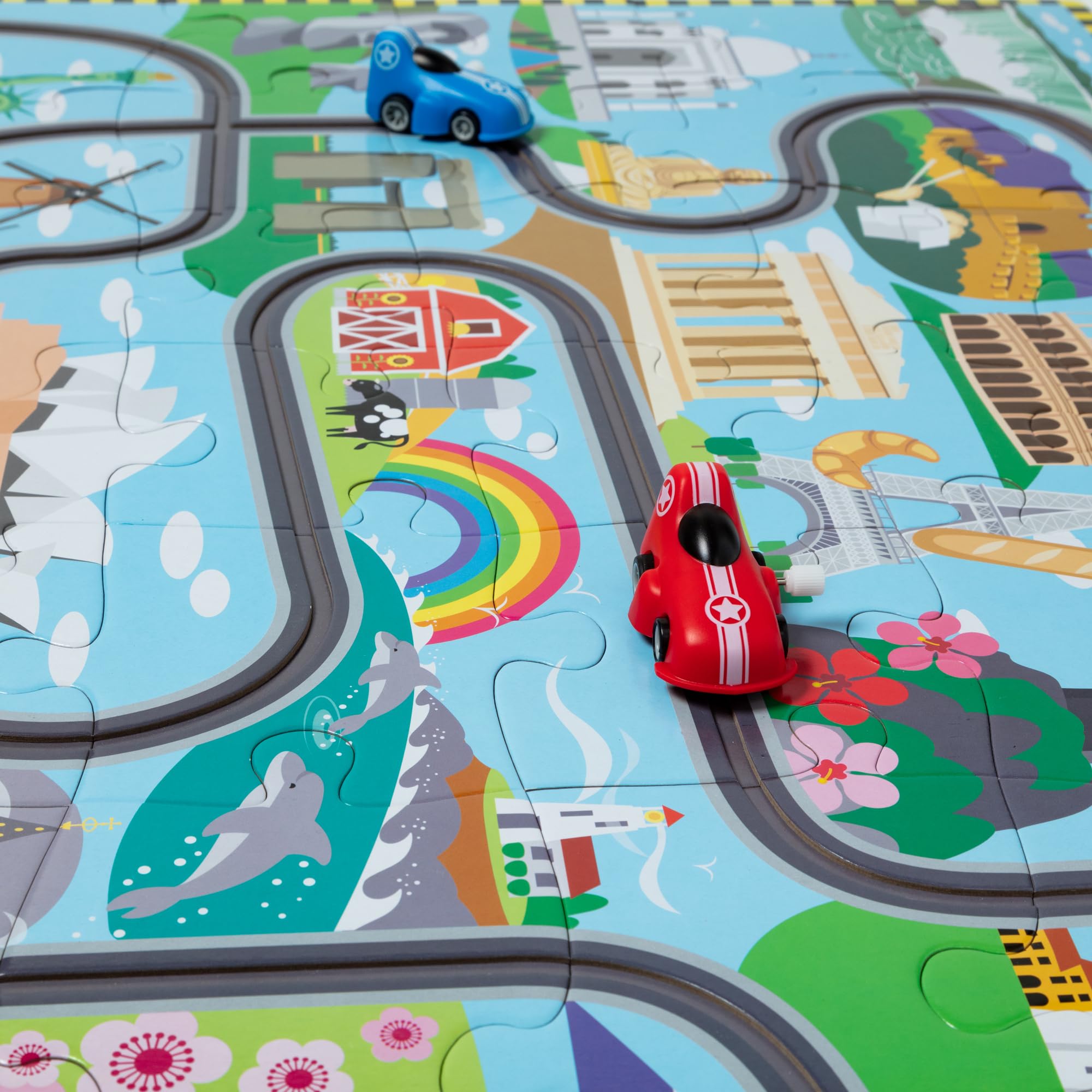 Melissa & Doug Race Around the World Floor Puzzle - 48 Pieces, Includes 2 Wind-Up Vehicles | Ages 3+ 9