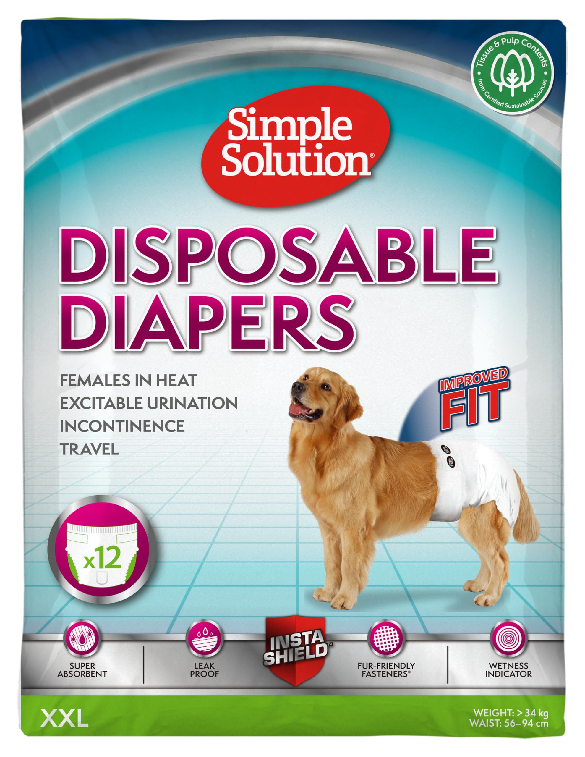 Simple Solution Disposable Dog Diapers for Female Dogs | XXL (56-94cm Waist) | 15 Count