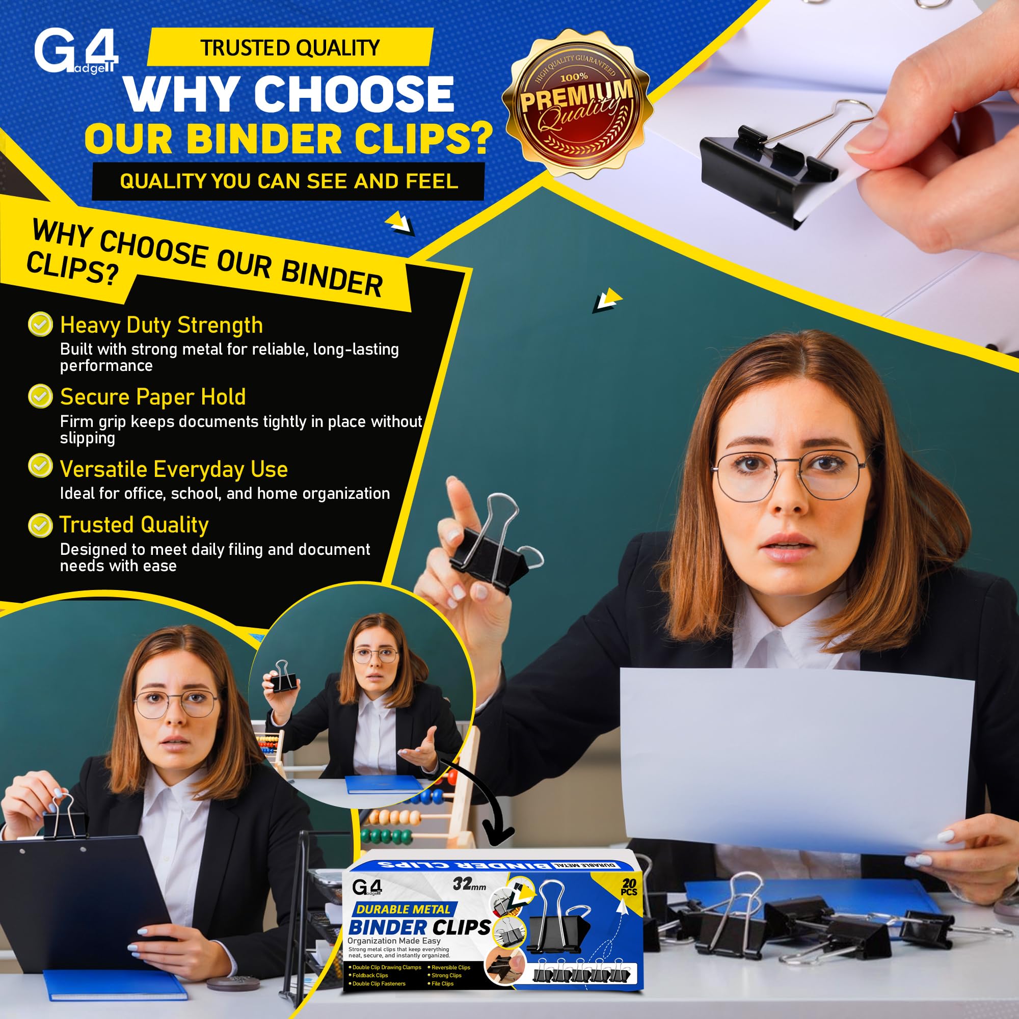 G4GADGET Binder Clips - 32mm Medium, Black, 20 Pack | Heavy-Duty Metal Grip 3