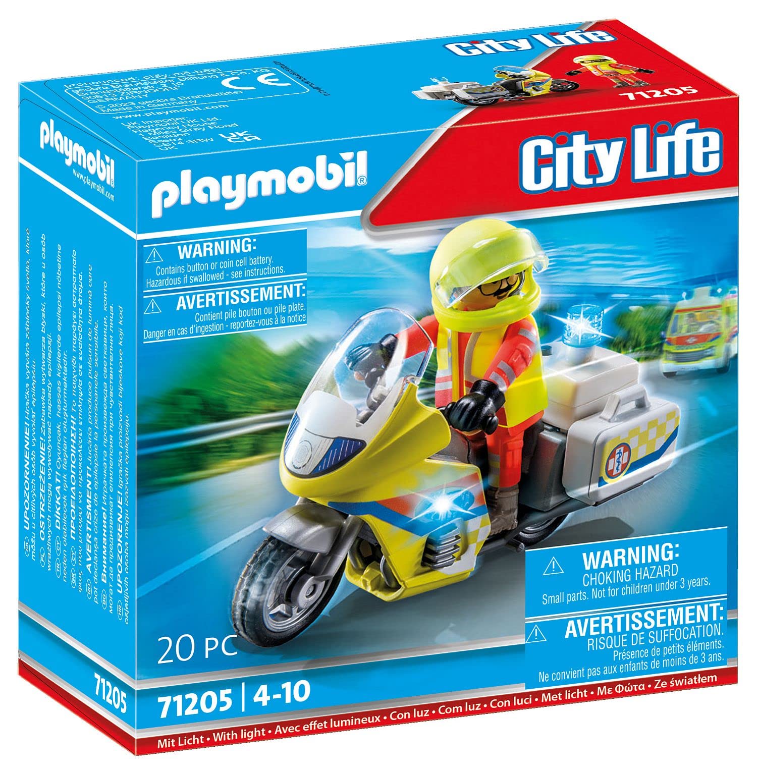 Playmobil 71205 Rescue Emergency Motorcycle with Flashing Lights - Action Figure Playset for Kids 4+ 8