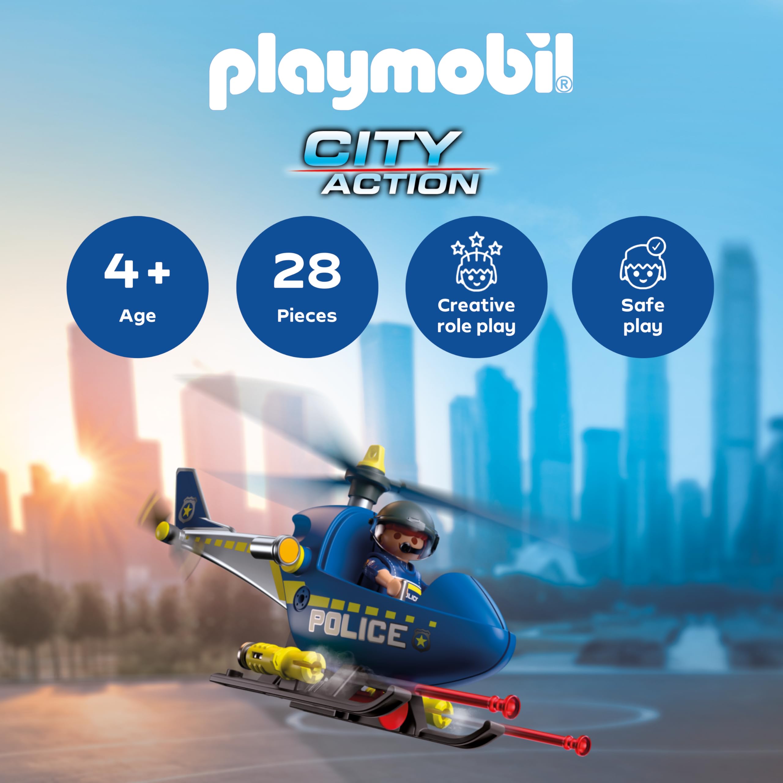 Playmobil City Action Police Helicopter - Rotating Rotors | Ages 4+ | Blue
