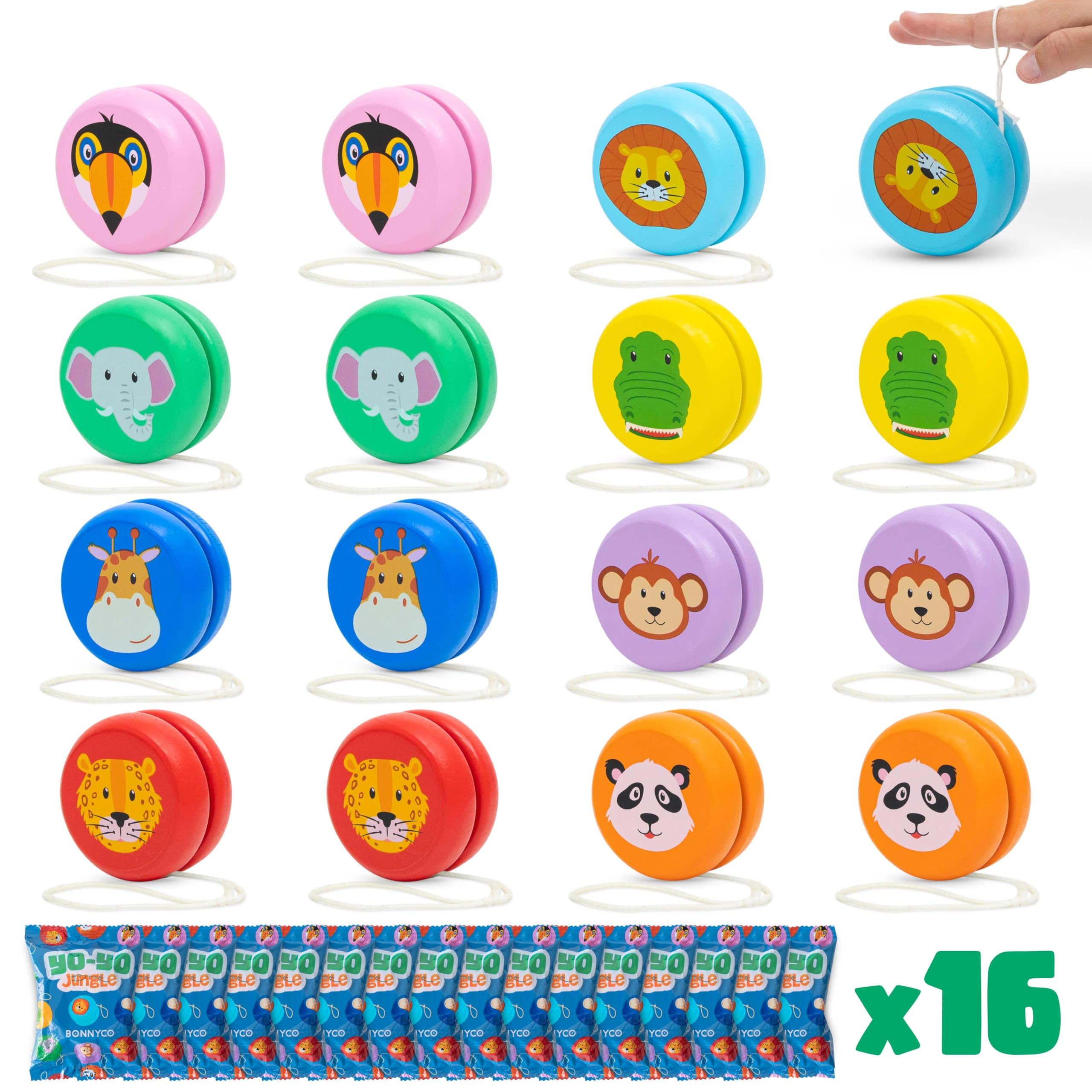 BONNYCO Wooden Yo-Yos - Pack of 16 | Jungle Animal Designs | Party Bag Fillers for Kids Ages 3+