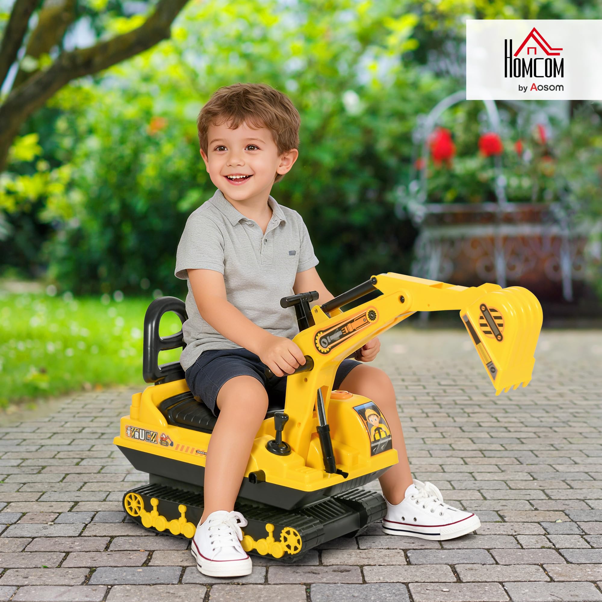 HOMCOM Ride On Tractor Digger Toy with Adjustable Arm | Ages 18-48 Months | Yellow