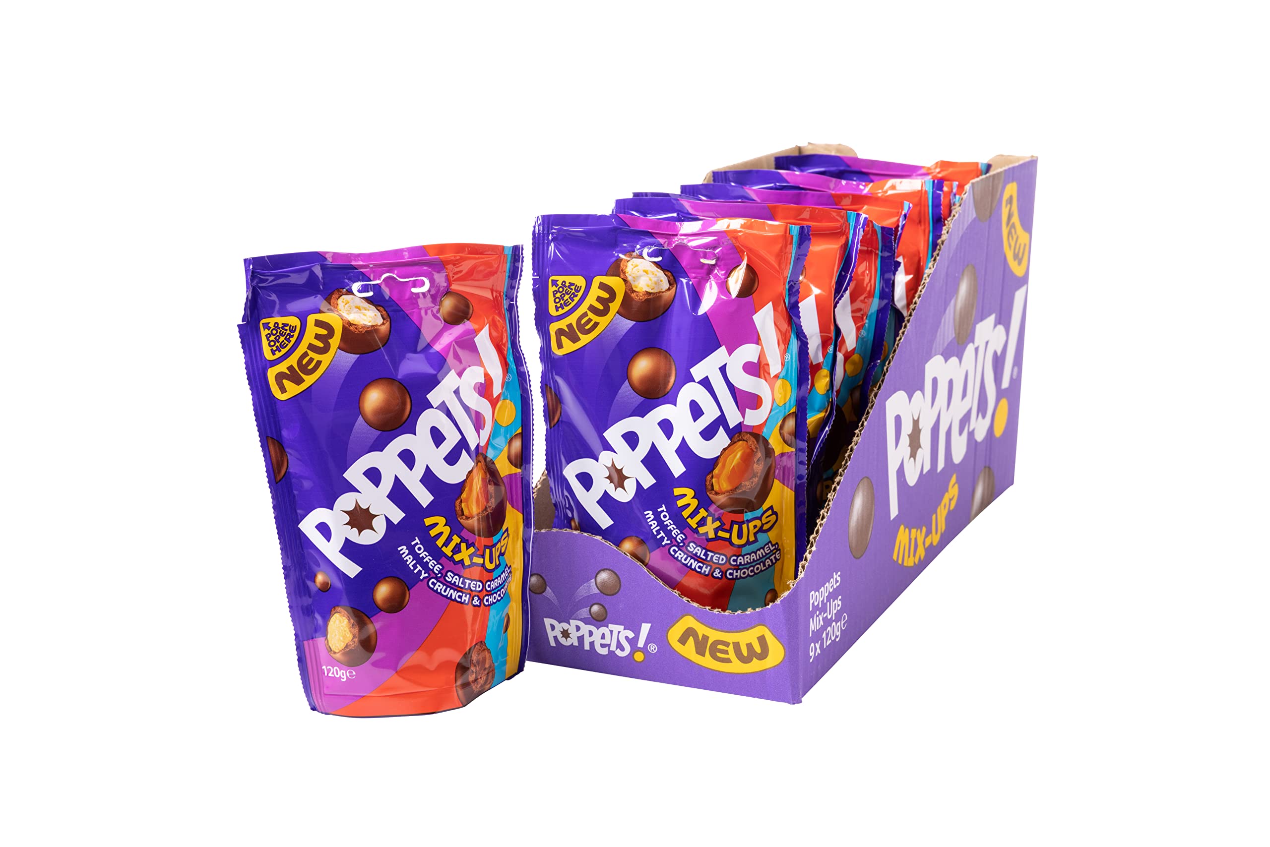 Poppets Mix Ups Pouch 120g (Pack of 9) - Assorted Milk Chocolate Candies with Toffee, Salted Caramel, Malty Crunch & Chocolate Centres