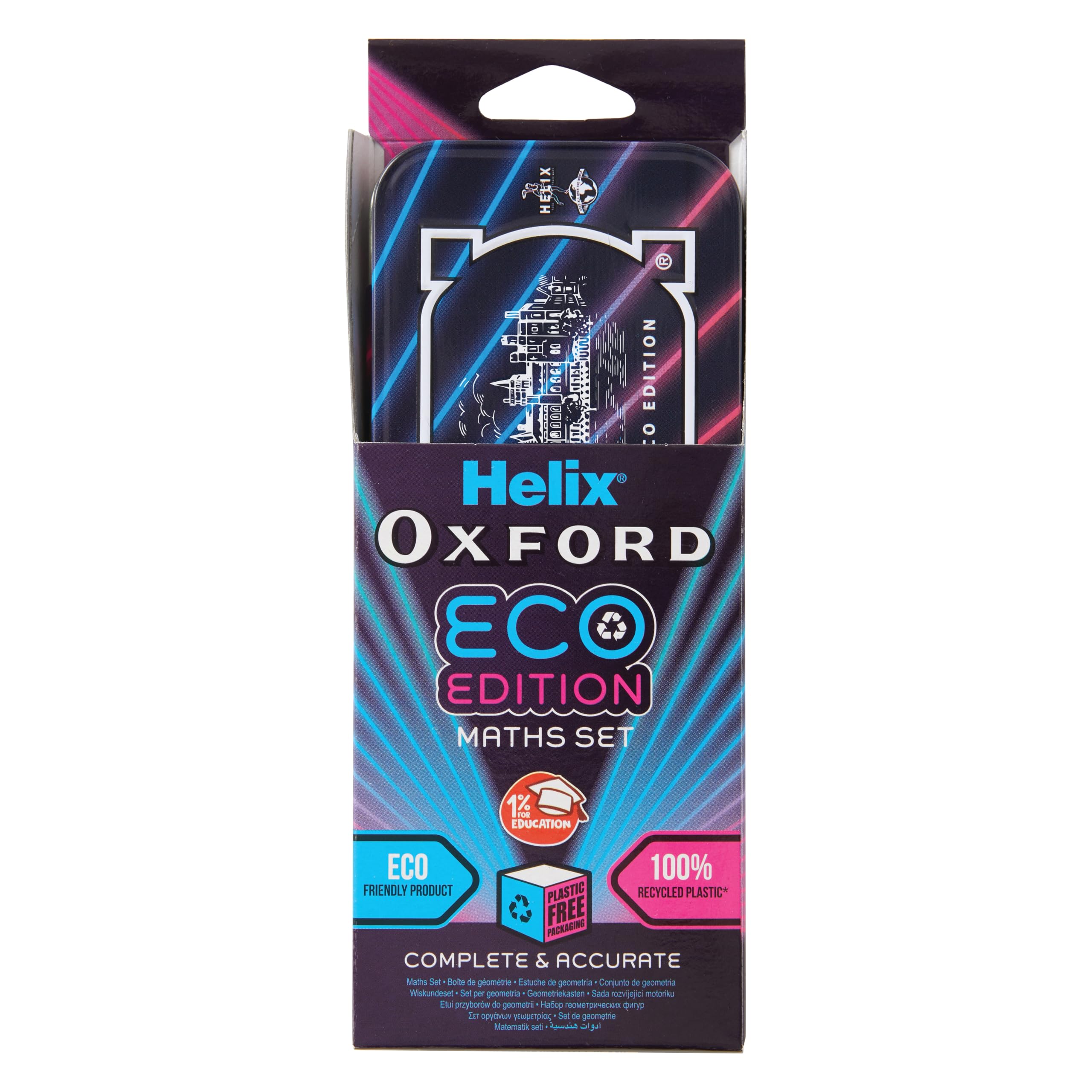 Helix Oxford Cyber Eco Maths Set - 9 Piece Geometry Set with Recycled Contents | Metal Tin | Model 170556