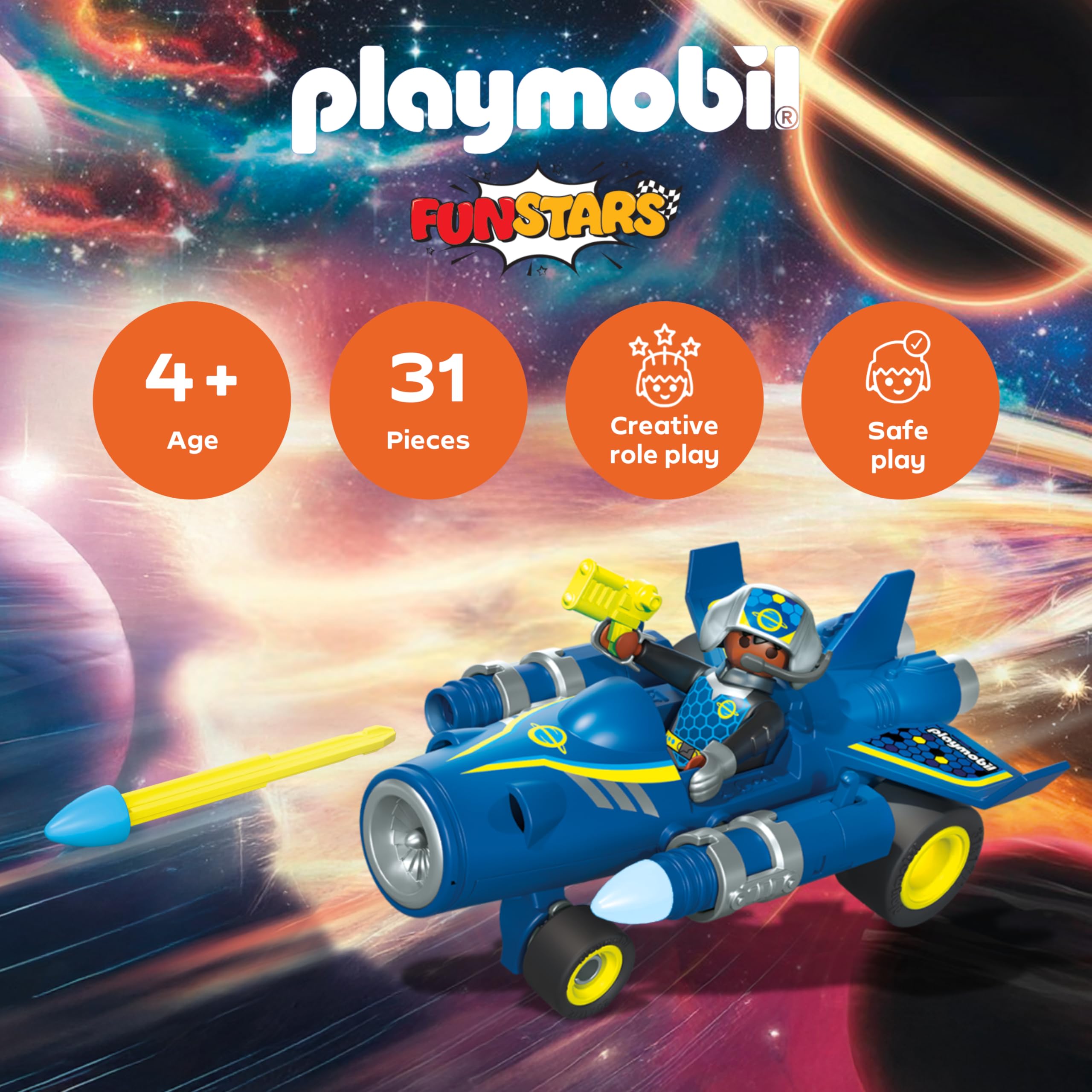 Playmobil Fun Stars Racing Space Jet - Pull-back Motor, Shooting Function | Ages 4+ | Model 71719