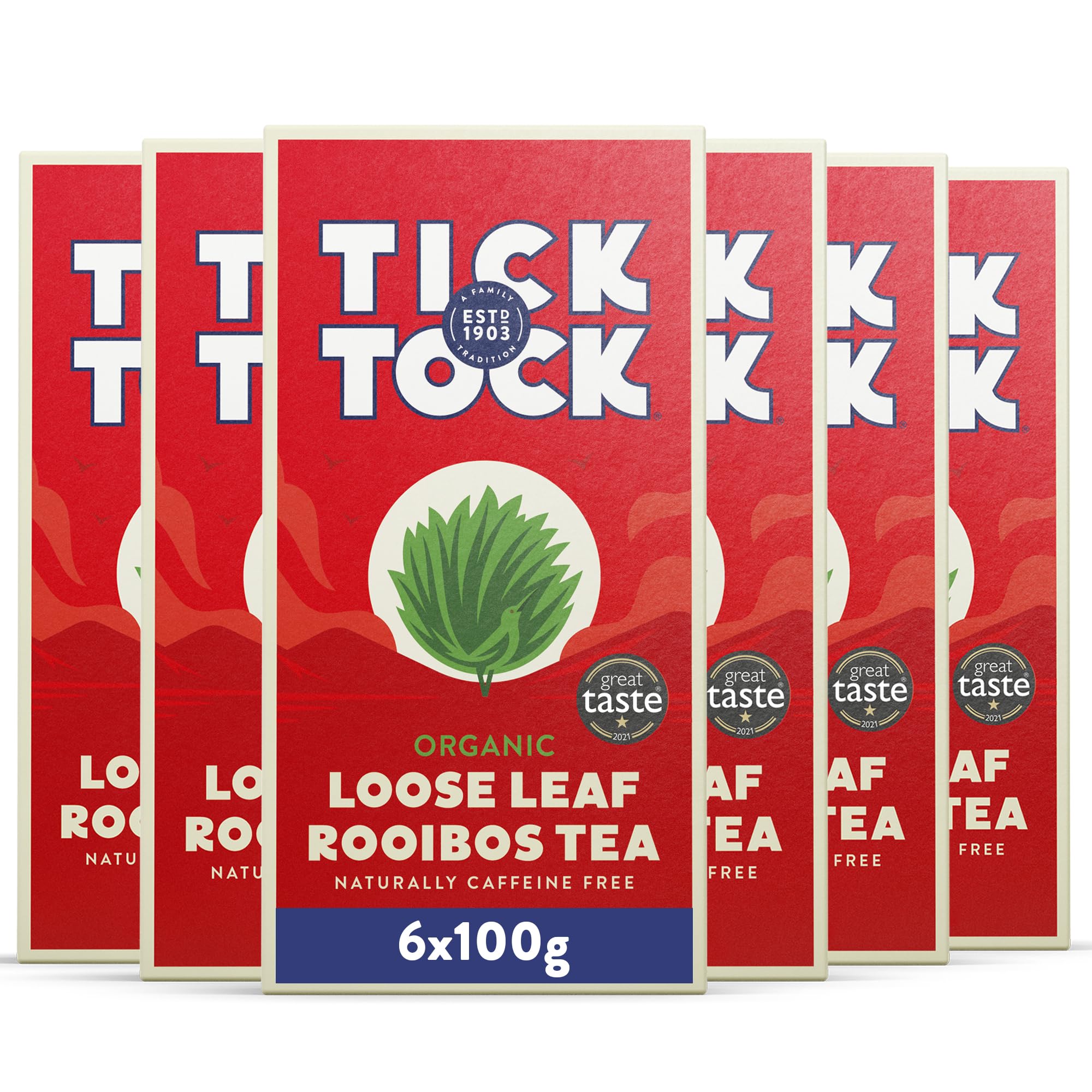 Tick Tock Organic Rooibos Loose Leaf Tea - Caffeine-Free Herbal Redbush | 600g (6 x 100g Packs)