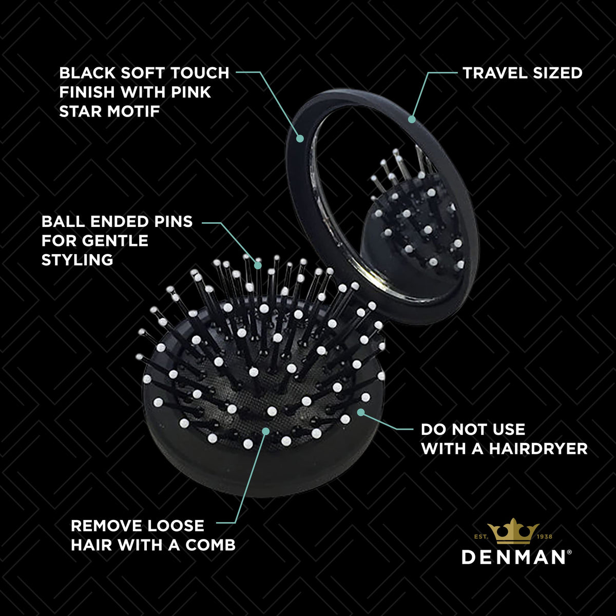 Denman Compact Popper Hairbrush - Travel-Friendly | Black Soft Touch Finish | Pink Star Motif 5