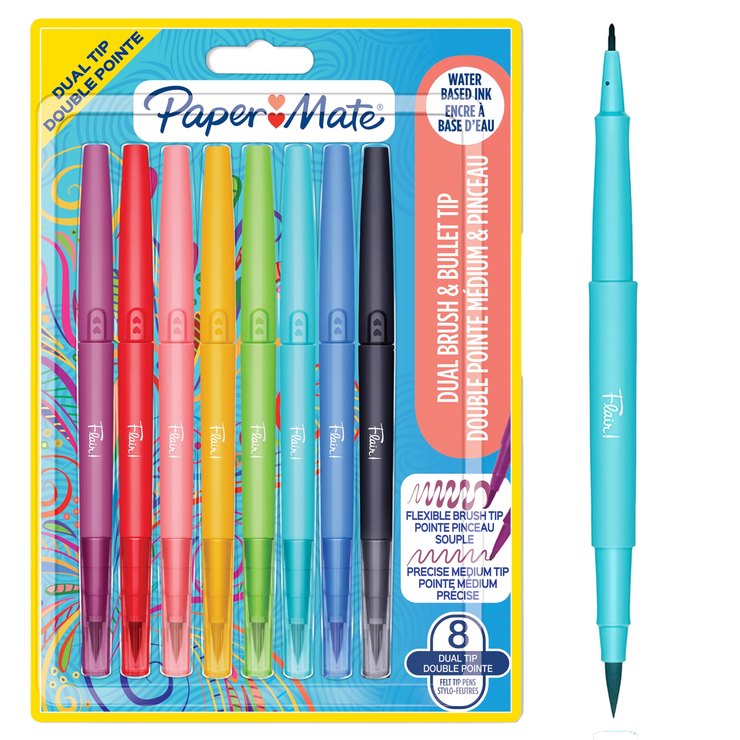 Paper Mate Flair DUAL Felt Tip Pens - Brush and Medium 0.7mm Tips - Double Ended Coloring Pens - Assorted Colors - 8 Pack 1