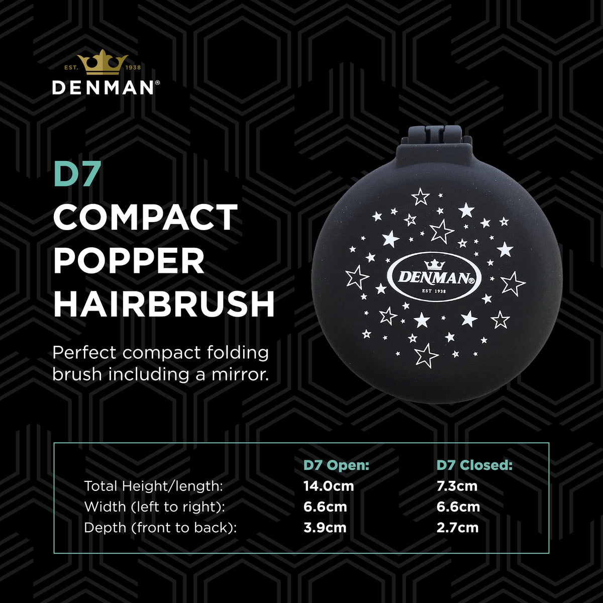 Denman Compact Popper Hairbrush - Travel-Friendly | Black Soft Touch Finish | Pink Star Motif