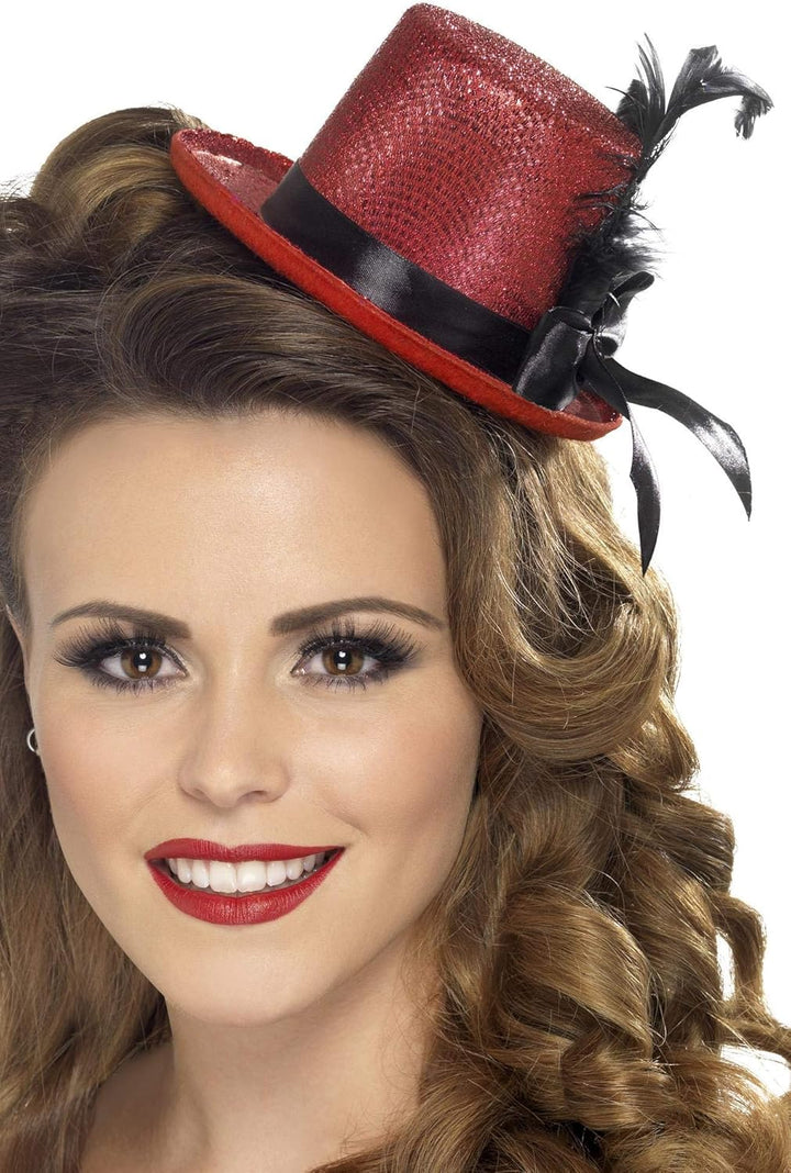 Smiffys Vintage Mini Top Hat with Ribbon and Feather - Red/Black (28433)