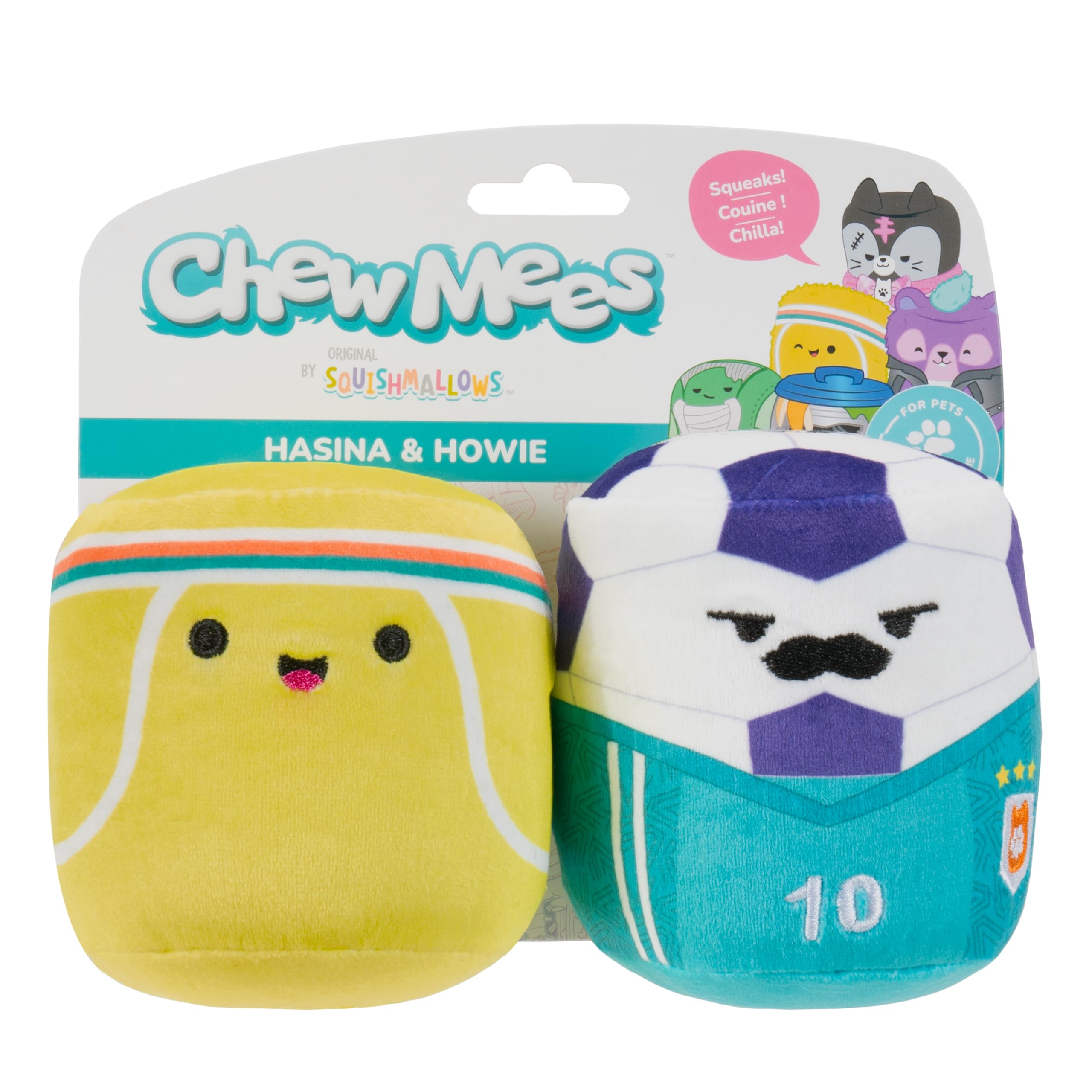 Squishmallows Chewmees Hasina Tennis Ball + Howie Soccer Ball Dog Toys, 2-Pack, Mini Plush