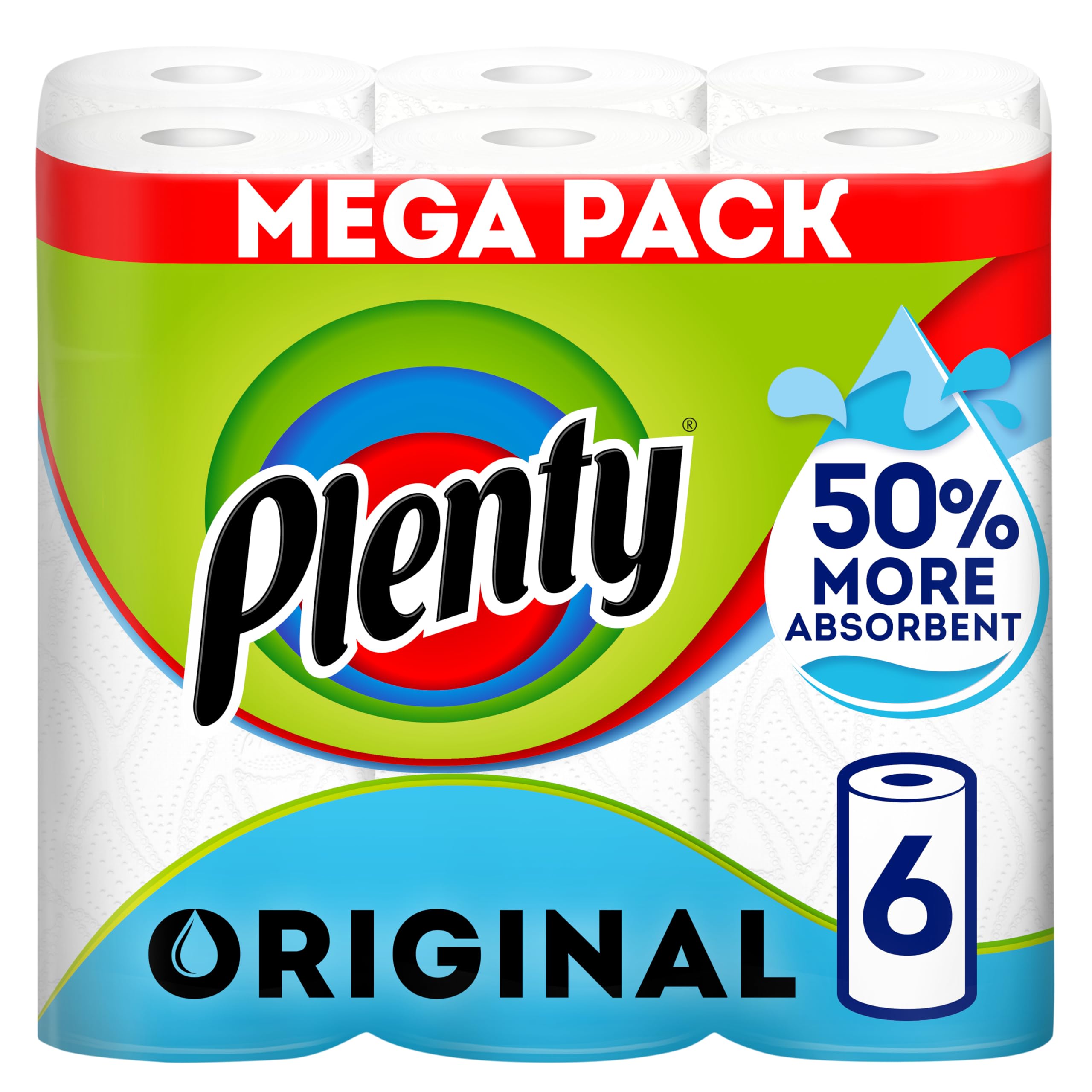 PLENTY Original Kitchen Roll - 50% More Absorbent | 6 Rolls, 570 Sheets Total