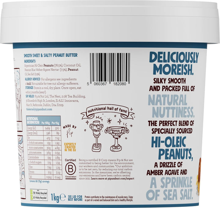 Pip & Nut Sweet & Salty Smooth Peanut Butter (1kg) - No Palm Oil, Natural Nut Spread