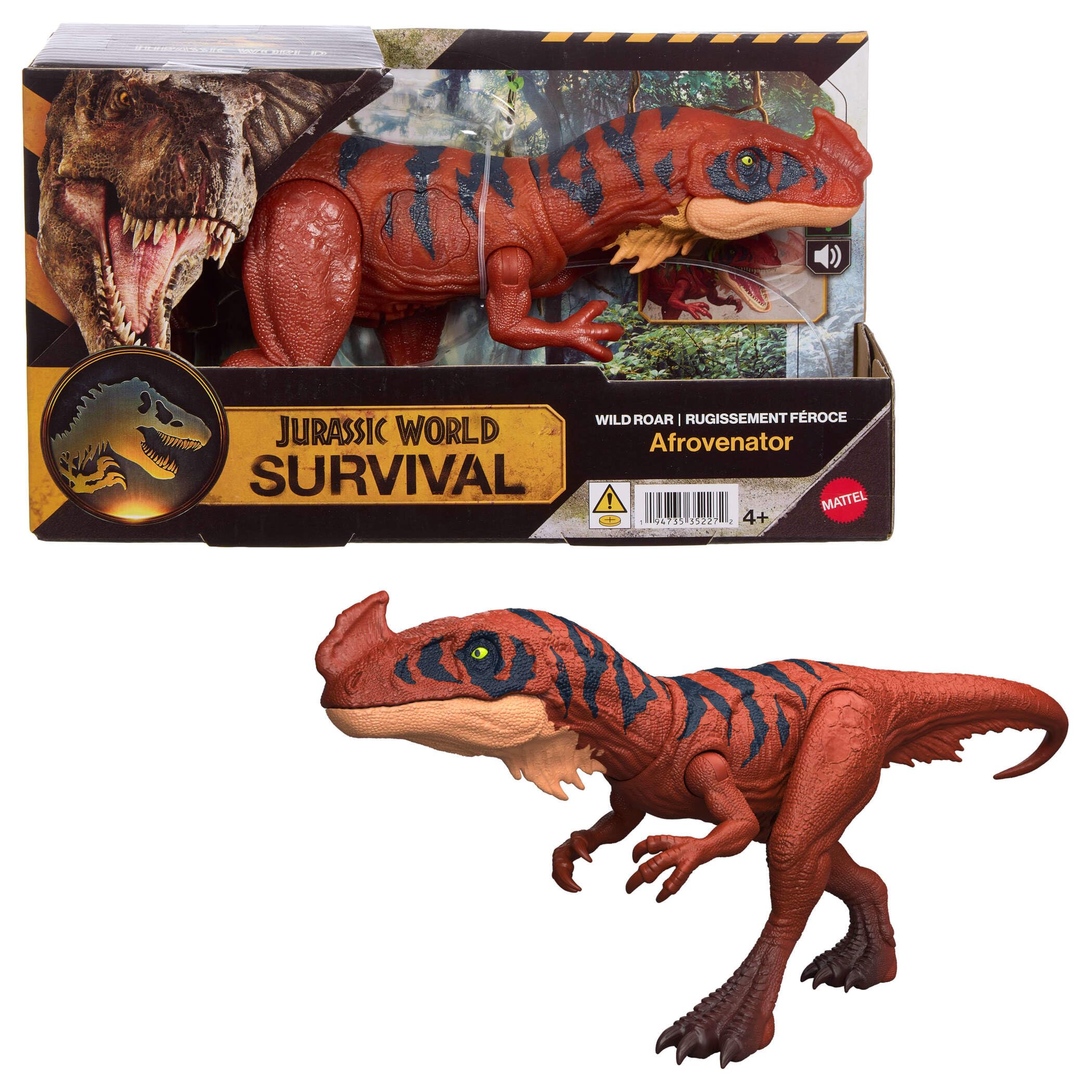 Mattel Jurassic World Wild Roar Afrovenator Dinosaur Action Figure Toy | 12.8in Long | Ages 4+