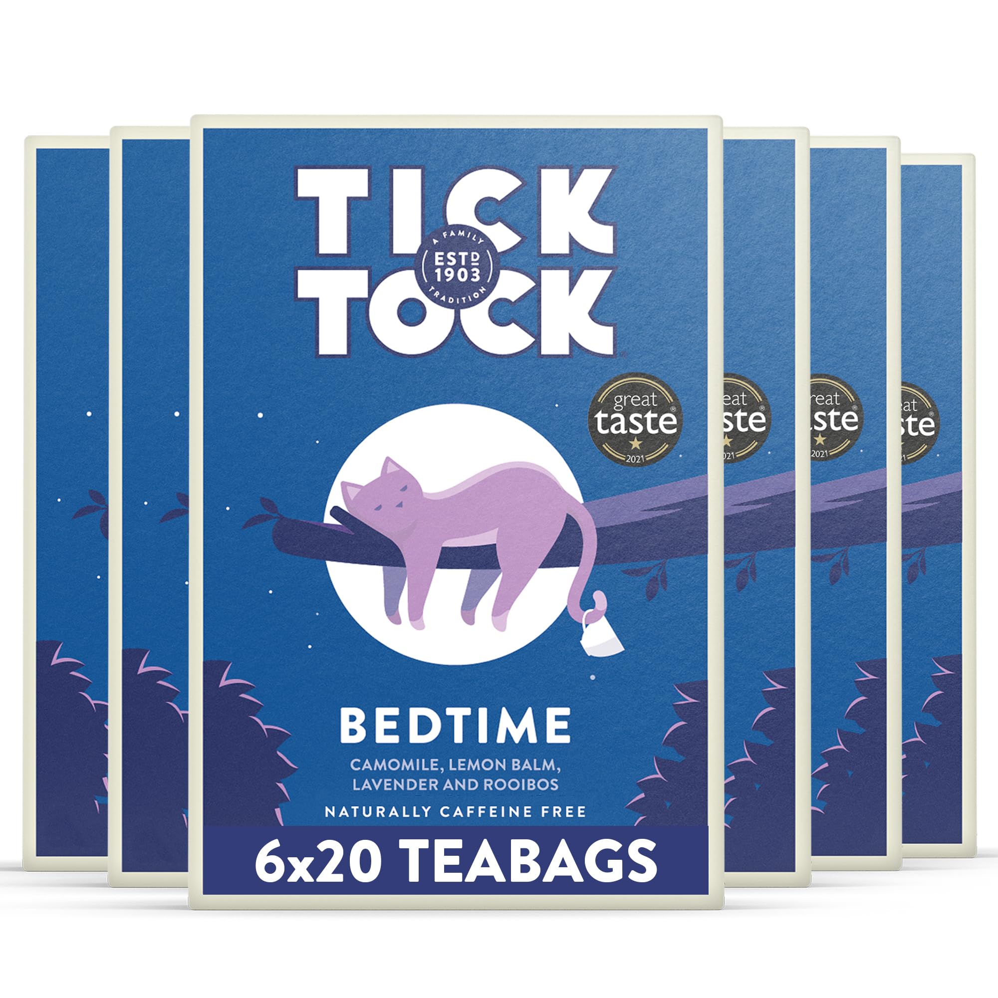 Tick Tock Wellbeing Bedtime Tea - Caffeine-Free Herbal Blend with Camomile & Lavender | 6 Count (20 Bags Each) 1