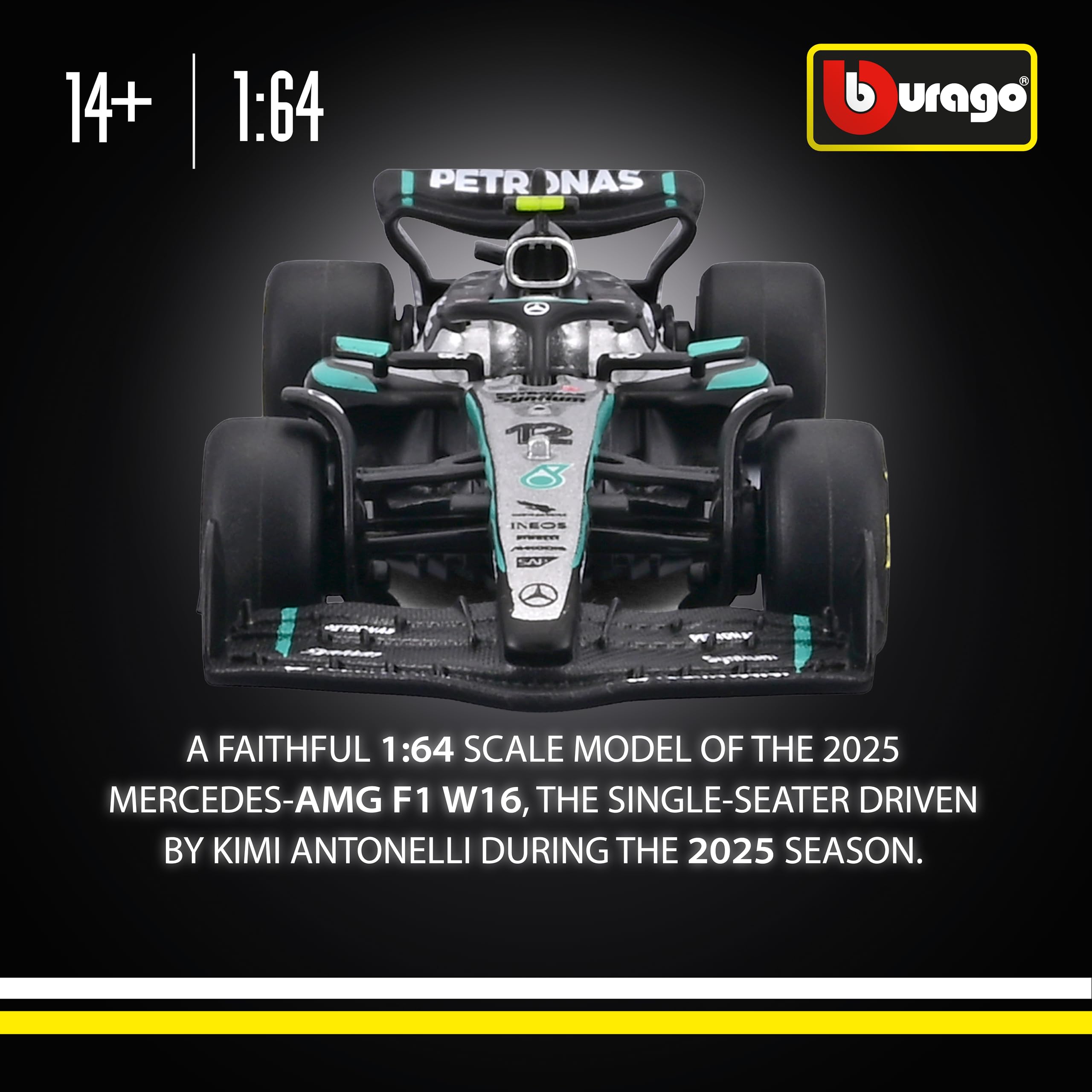 Bburago F1 Mercedes-AMG F1 W16 2025 #12 Antonelli Diecast Car | 1:64 Scale Metal Model 2