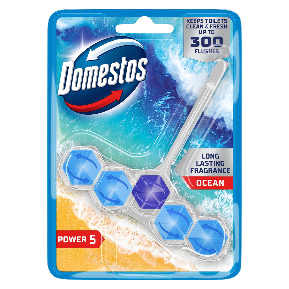 Domestos Power 5 Ocean Toilet Rim Block - 1 Count, Blue
