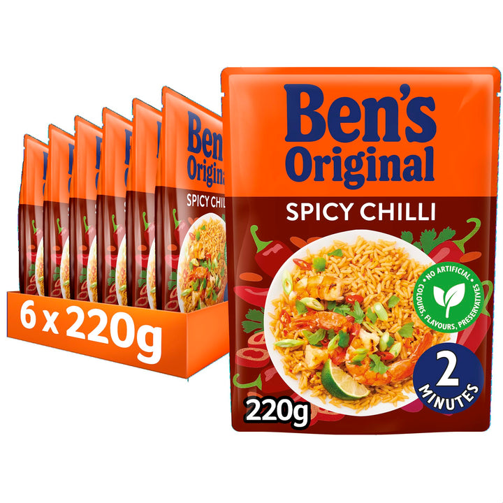 Ben's Original Spicy Chilli Microwave Rice, 6 x 220g Pouches – Vegetarian, No Artificial Additives