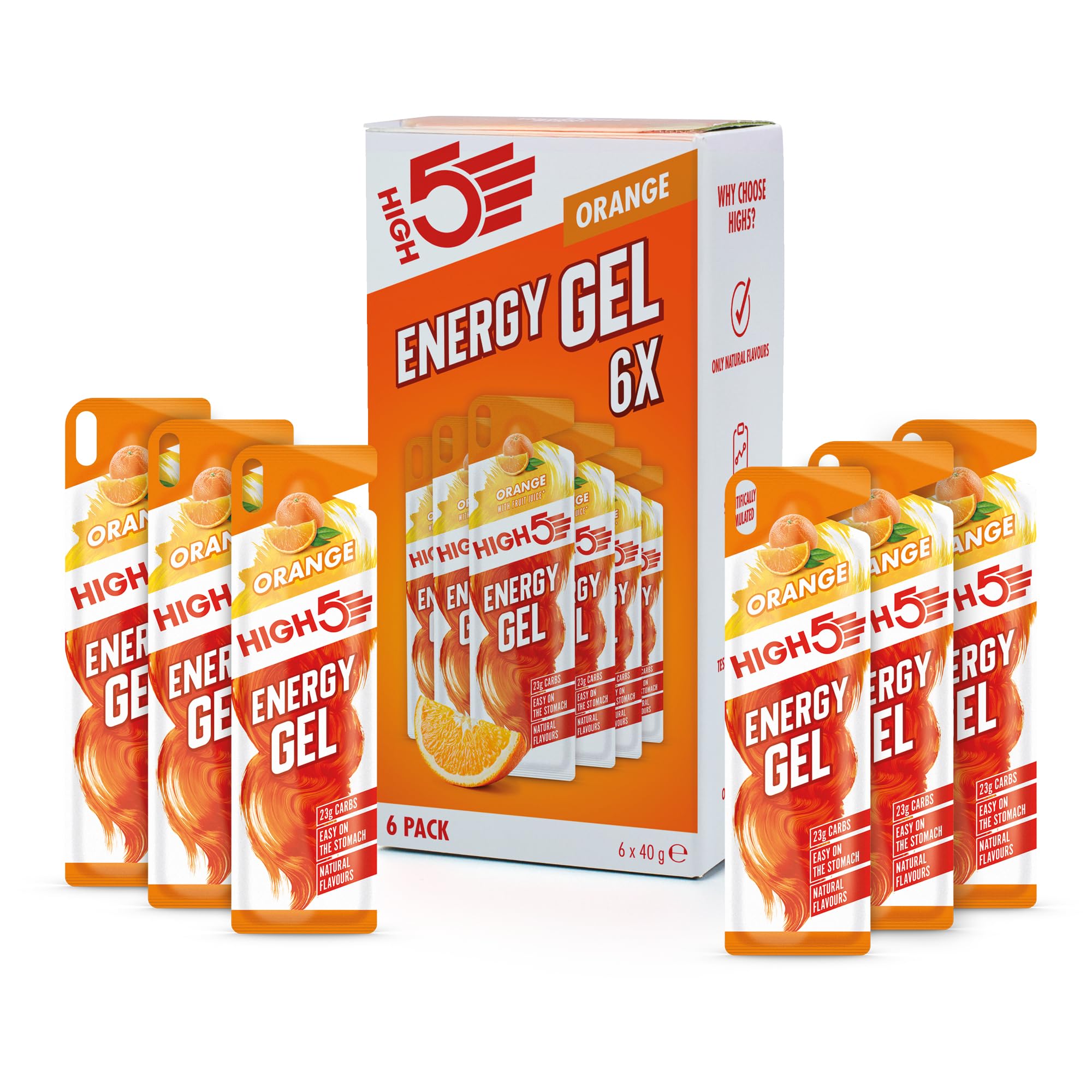HIGH5 Energy Gel - 6 x 40g Pack | 23g Carbs per Sachet | Natural Orange Flavor