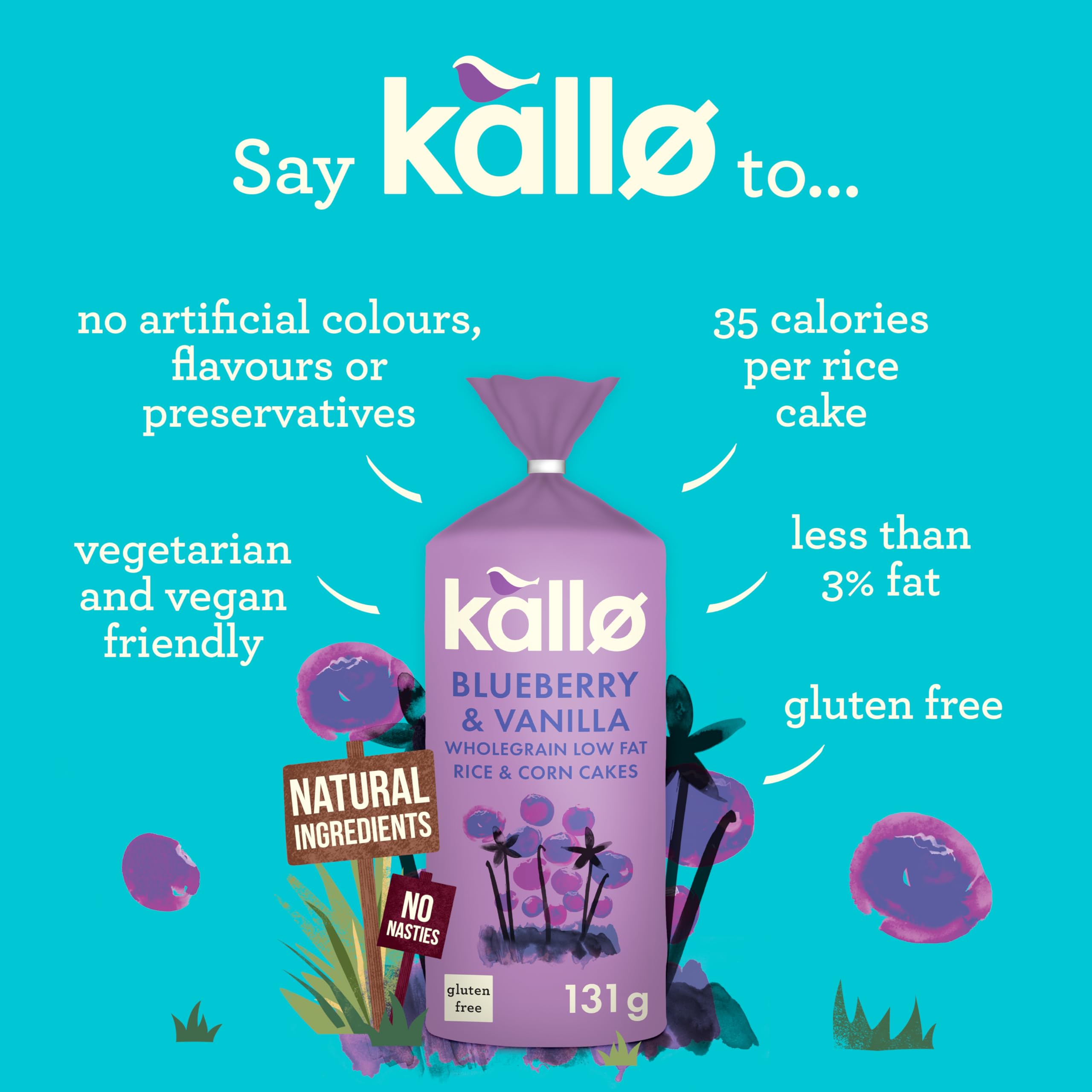 Kallo Blueberry & Vanilla Wholegrain Rice & Corn Cakes - Low Fat | Gluten Free | Vegan | 131g