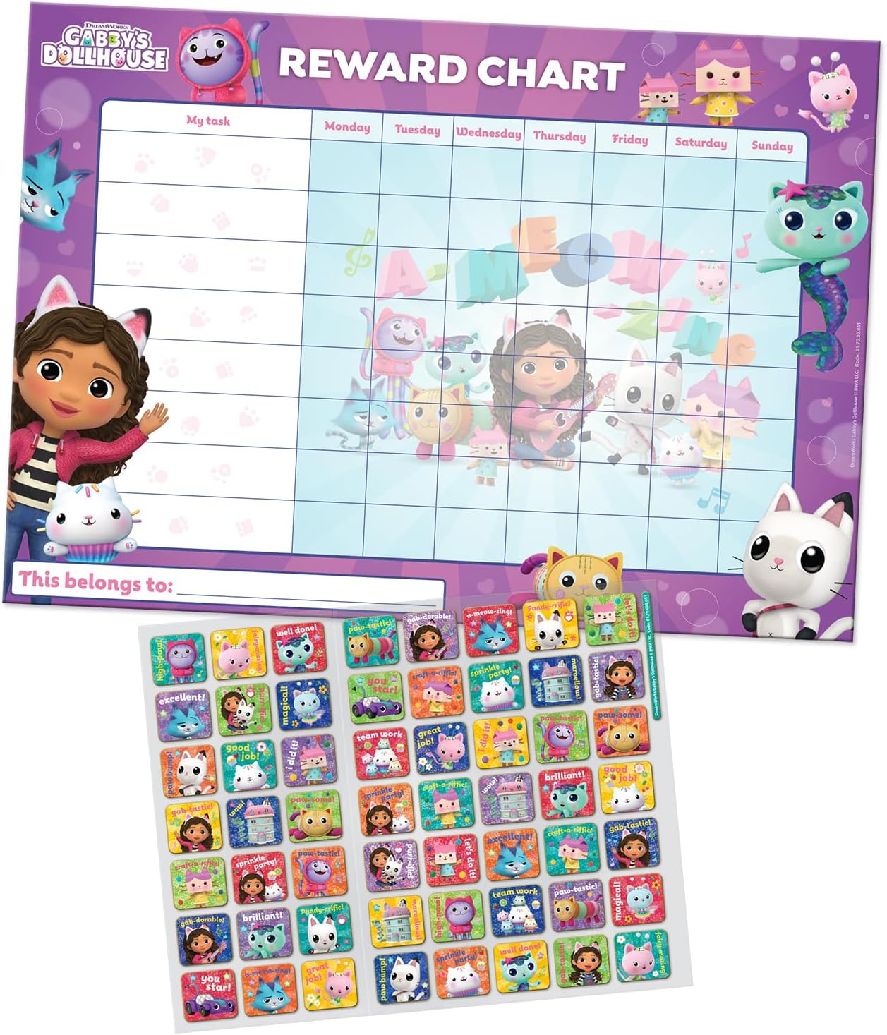 Gabby's Dollhouse Everyday Reward Chart with 56 Sparkly Stickers - Educational Behaviour Reward for Kids 3