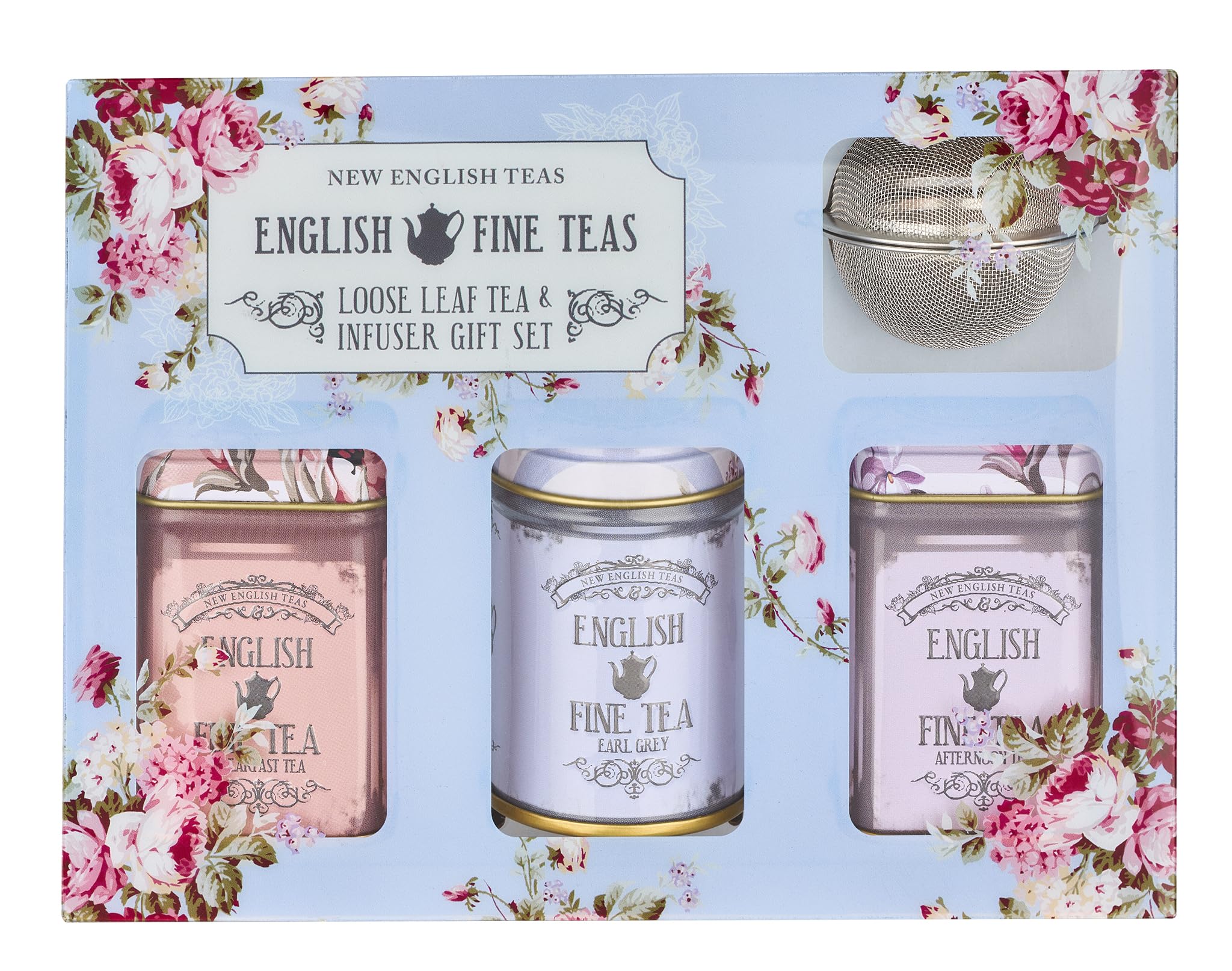 New English Teas Loose Leaf Black Tea Gift Set with Infuser | 3 Floral Tins | 70g 3