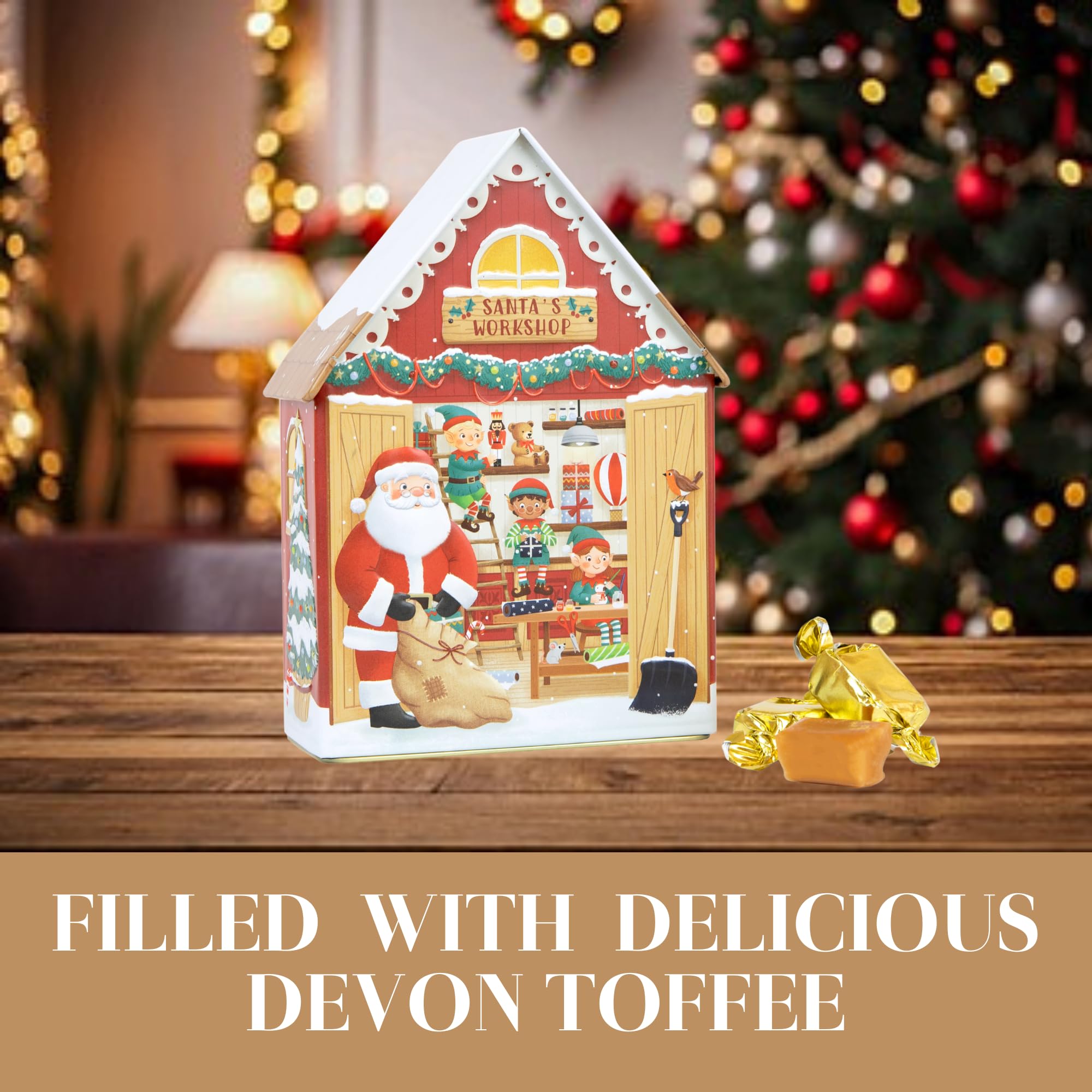 The Silver Crane Co. Santa's Workshop Musical Tin - Devon Toffee Filled Christmas Gift 5