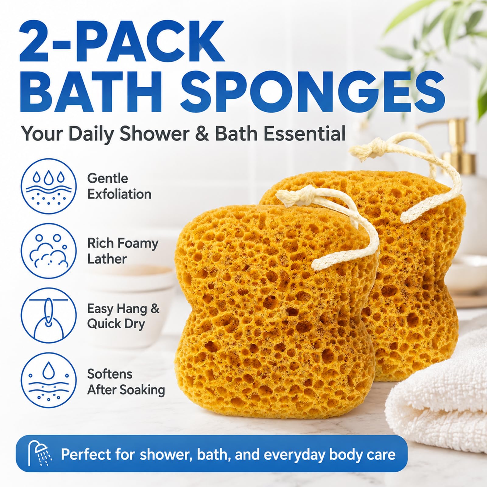 Admygo Bath Sponge - 2 Pack Yellow Exfoliating Body Sponge for Rich Foam & Gentle Cleansing 7