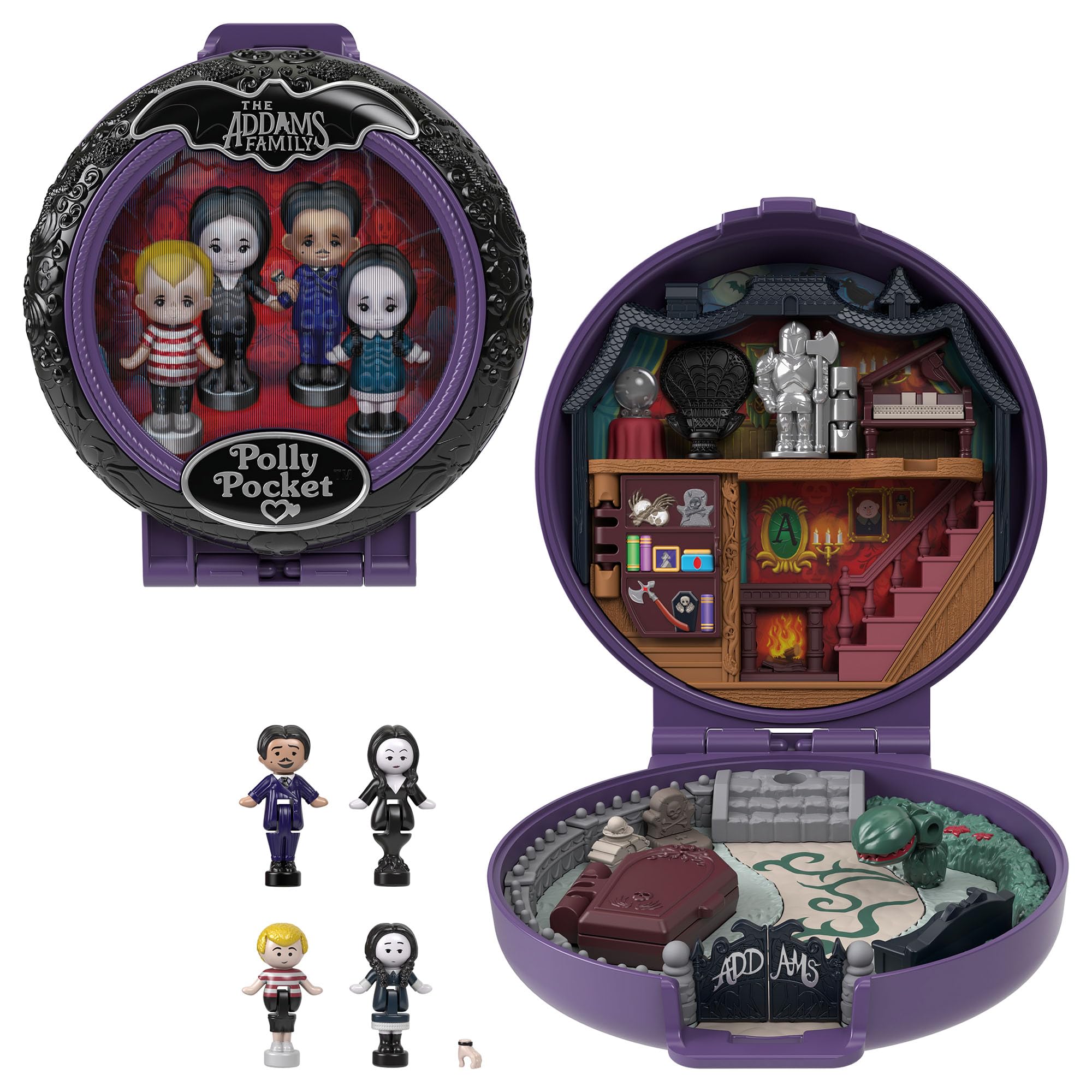 Polly Pocket The Addams Family Collector Playset - 4 Dolls & Haunted Mansion Compact for Ages 4-10 1