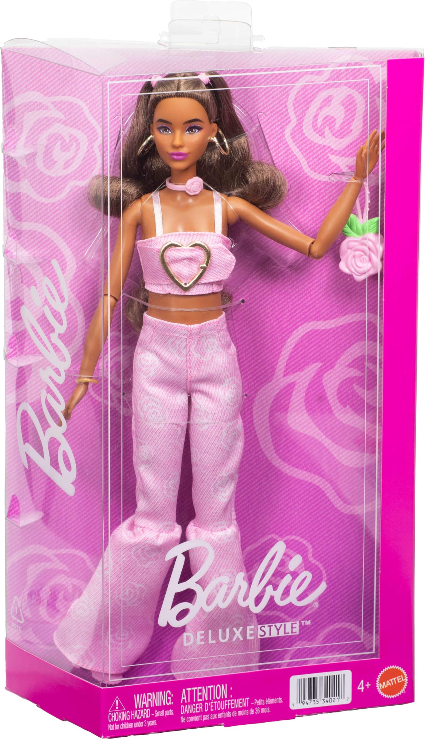 Barbie Deluxe Style Doll #12 in Pink Denim Crop Top with Rose Print Flare Jeans 4