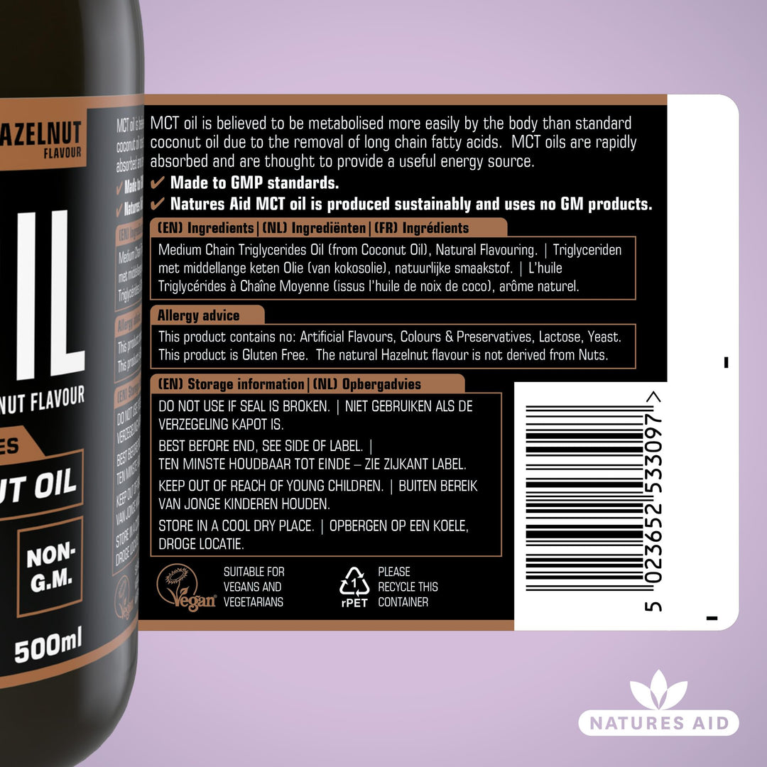 Natures Aid MCT Oil 500ml Hazelnut Flavour - Vegan, Sustainably Sourced from Coconut Oil for Coffee, Smoothies & Dressings