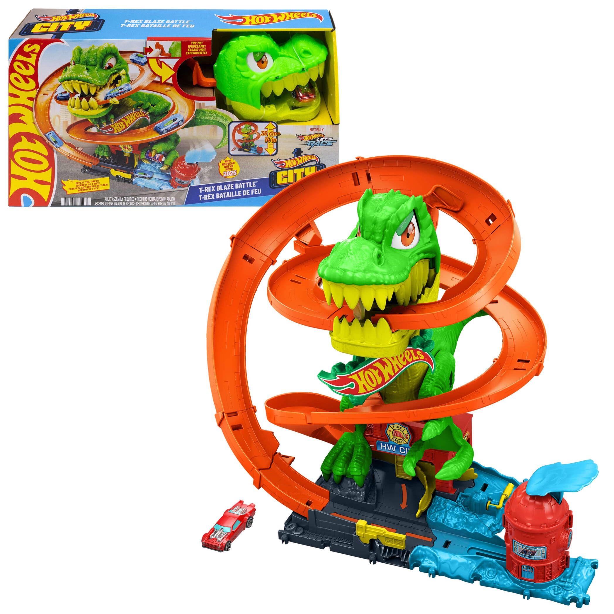 Hot Wheels City T-Rex Blaze Battle Playset with 1:64 Scale Toy Car - Ages 4+ 1