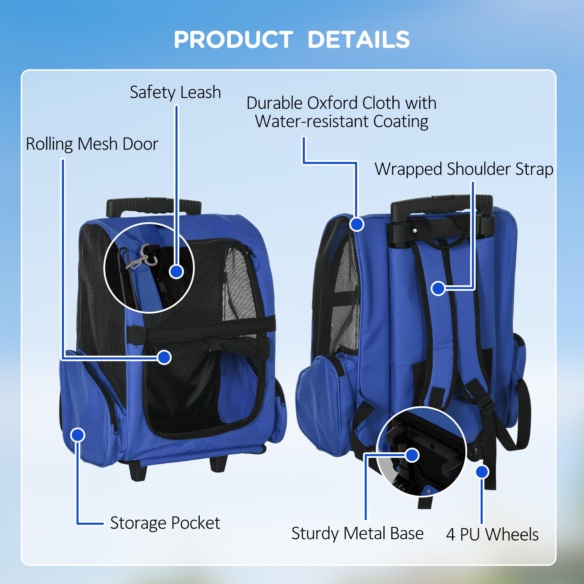 PawHut Pet Travel Backpack - 2-in-1 Trolley & Backpack Design | Water-Resistant | For Pets Under 4kg 6