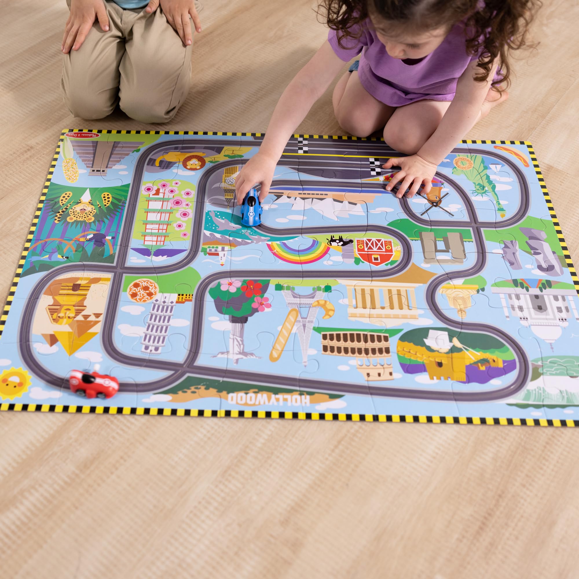 Melissa & Doug Race Around the World Floor Puzzle - 48 Pieces, Includes 2 Wind-Up Vehicles | Ages 3+ 8