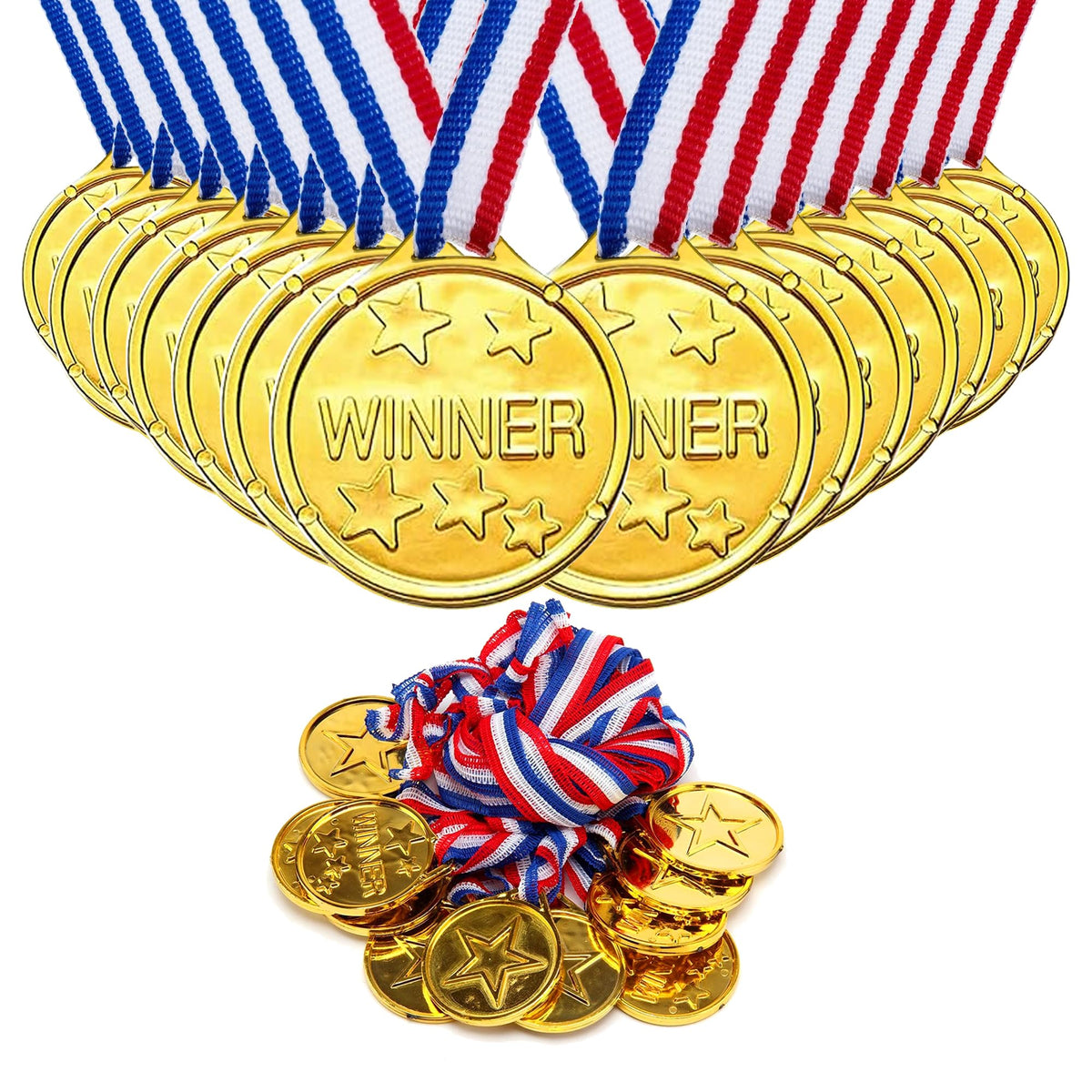 G4GADGET Gold Plastic Winner Medals - 24 Medals with Ribbons, 3.5 cm