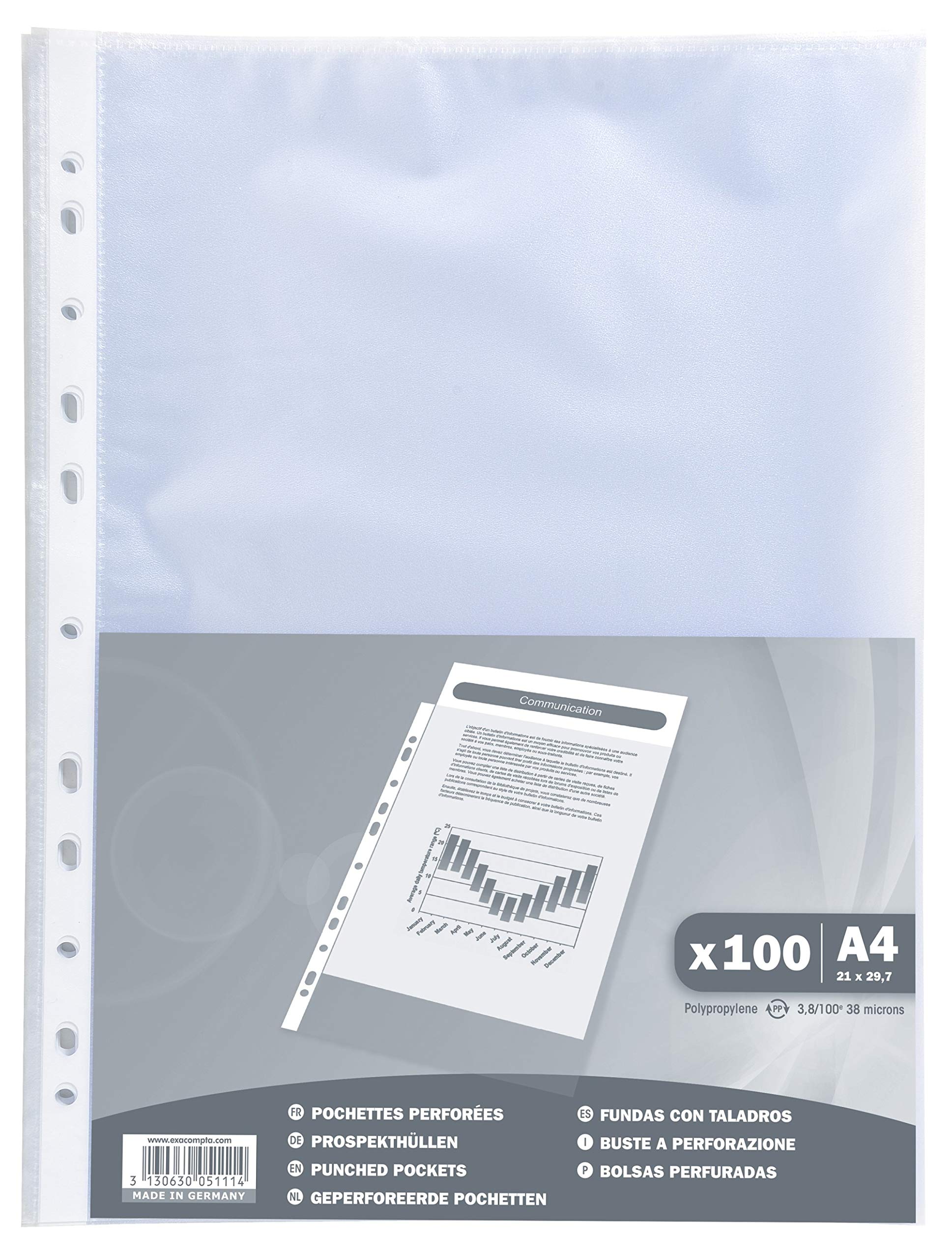 Exacompta Ref 5111E - Grained PP Punched Pockets for A4, Pack of 100