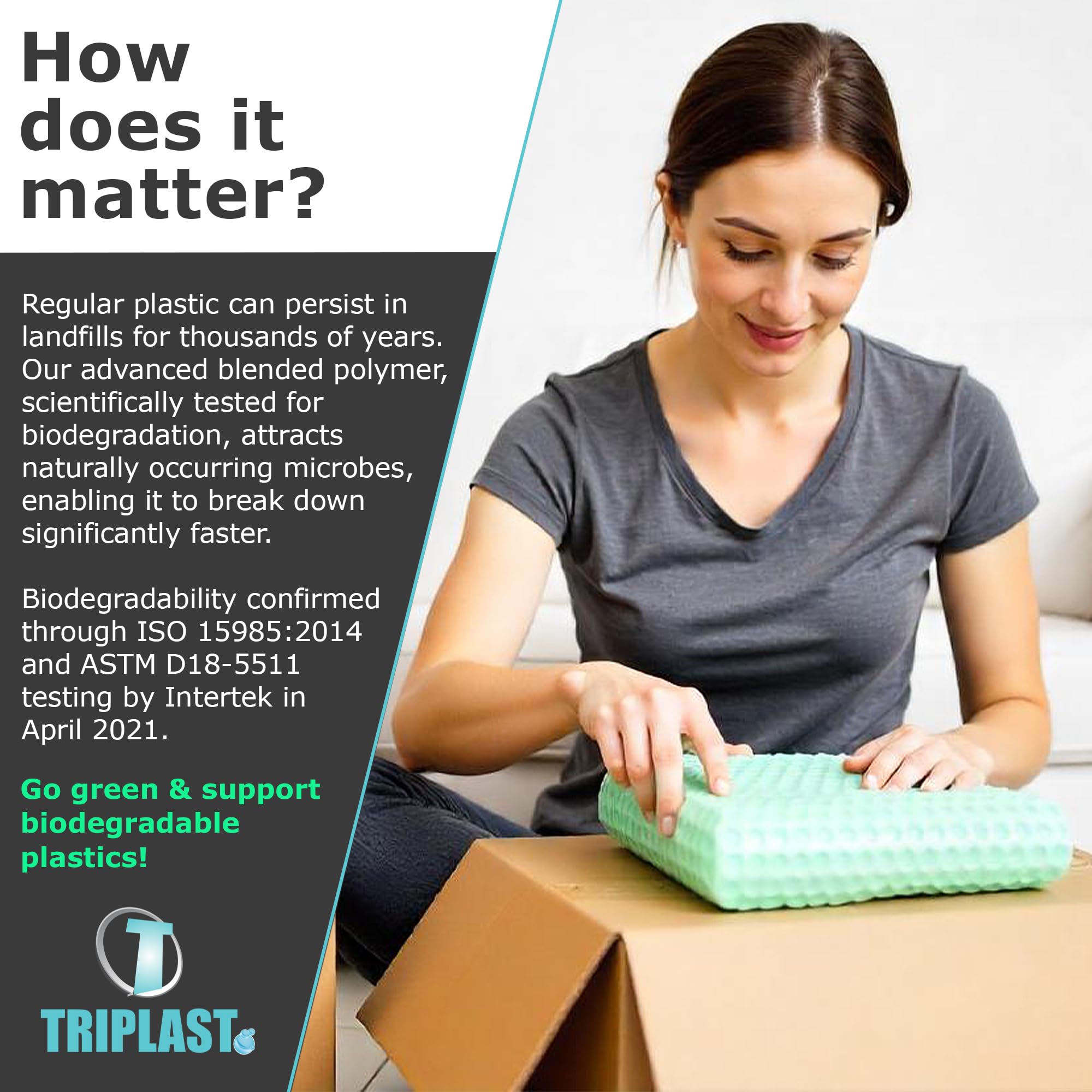 Triplast Biodegradable Bubble Wrap Roll - 400mm x 50m | Small 10mm Bubbles | Green 7