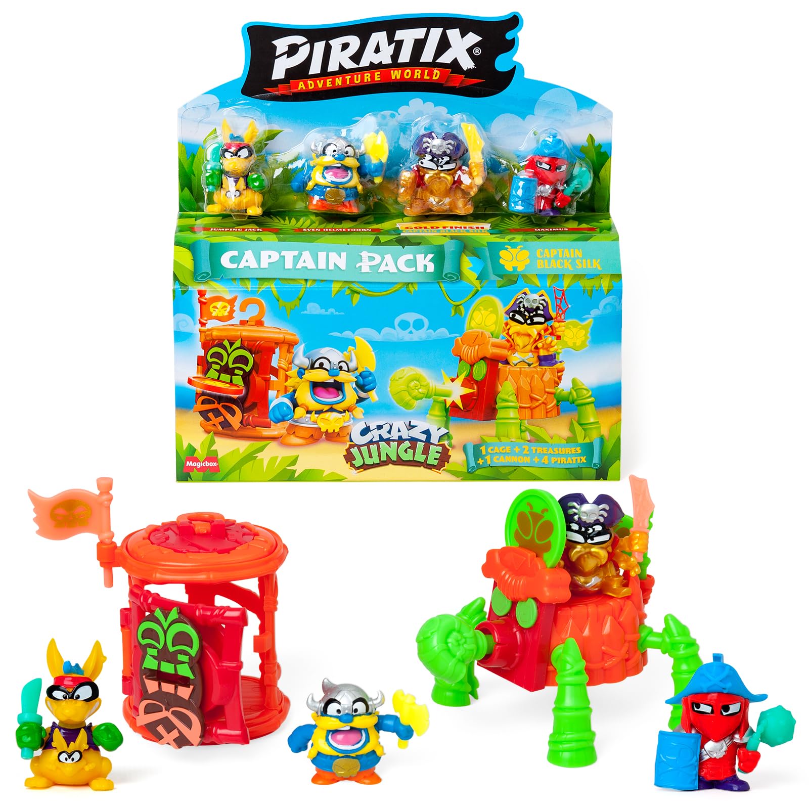 PIRATIX ADVENTURE WORLD Captain Pack Black Silk | 4 Figures, Neon Accessories, Cage & Cannon 1