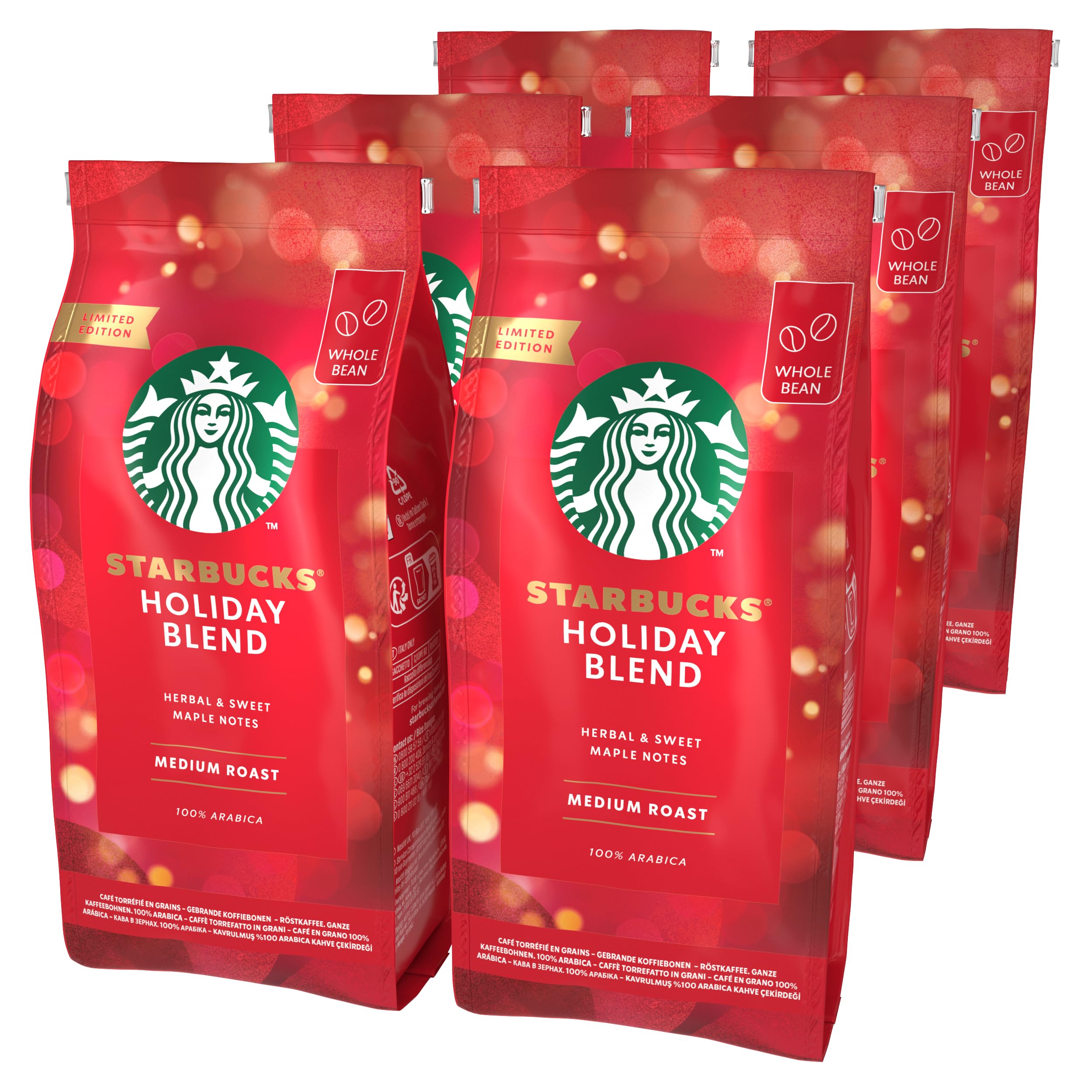 STARBUCKS Holiday Blend Medium Roast Whole Bean Coffee 190g (Pack of 6) 1