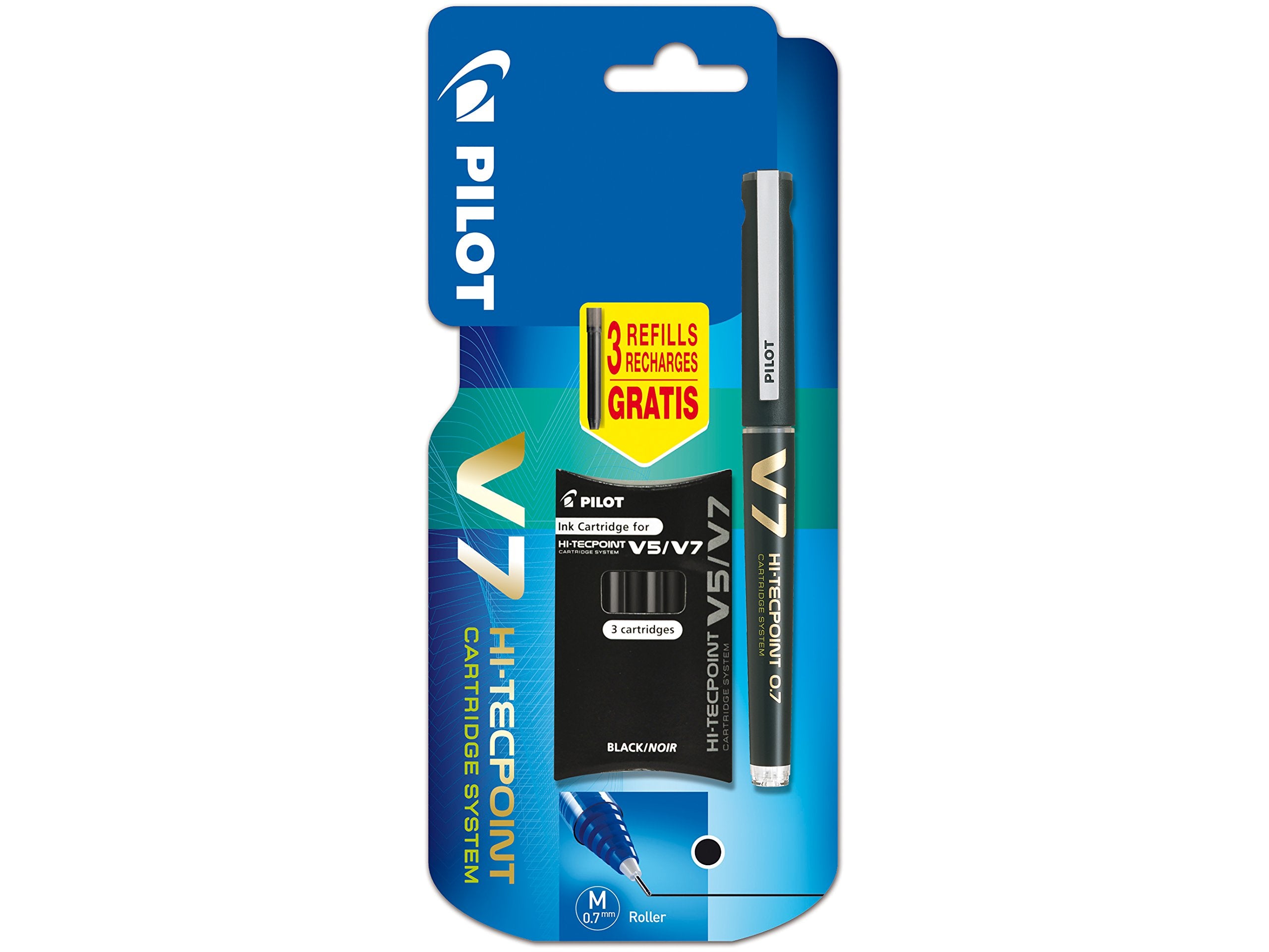 PILOT V7 Cartridge System Liquid Ink Rollerball Pen - 0.7mm Tip, Black Ink | 4 Piece Set