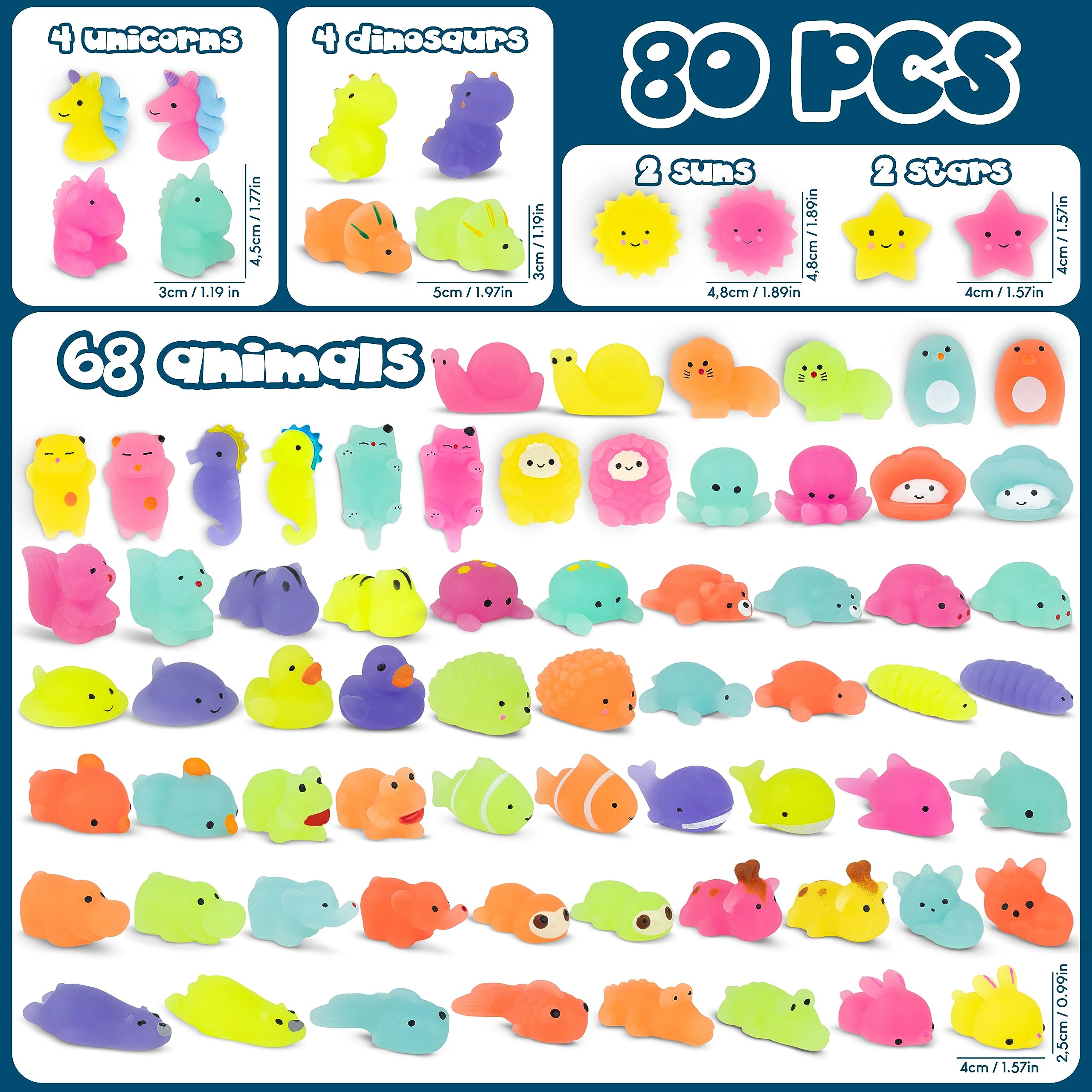 BONNYCO Mochi Squishy Toys - Pack of 80, Glow in the Dark, Individually Bagged 3