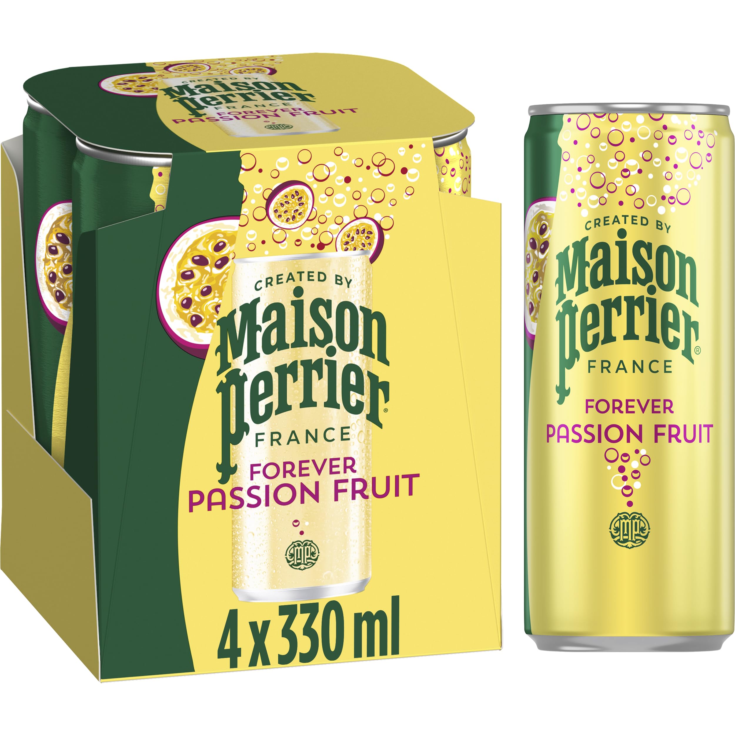 Maison Perrier Forever Passion Fruit Sparkling Water - 0 Calories, No Sweeteners | 4 x 330ml Cans