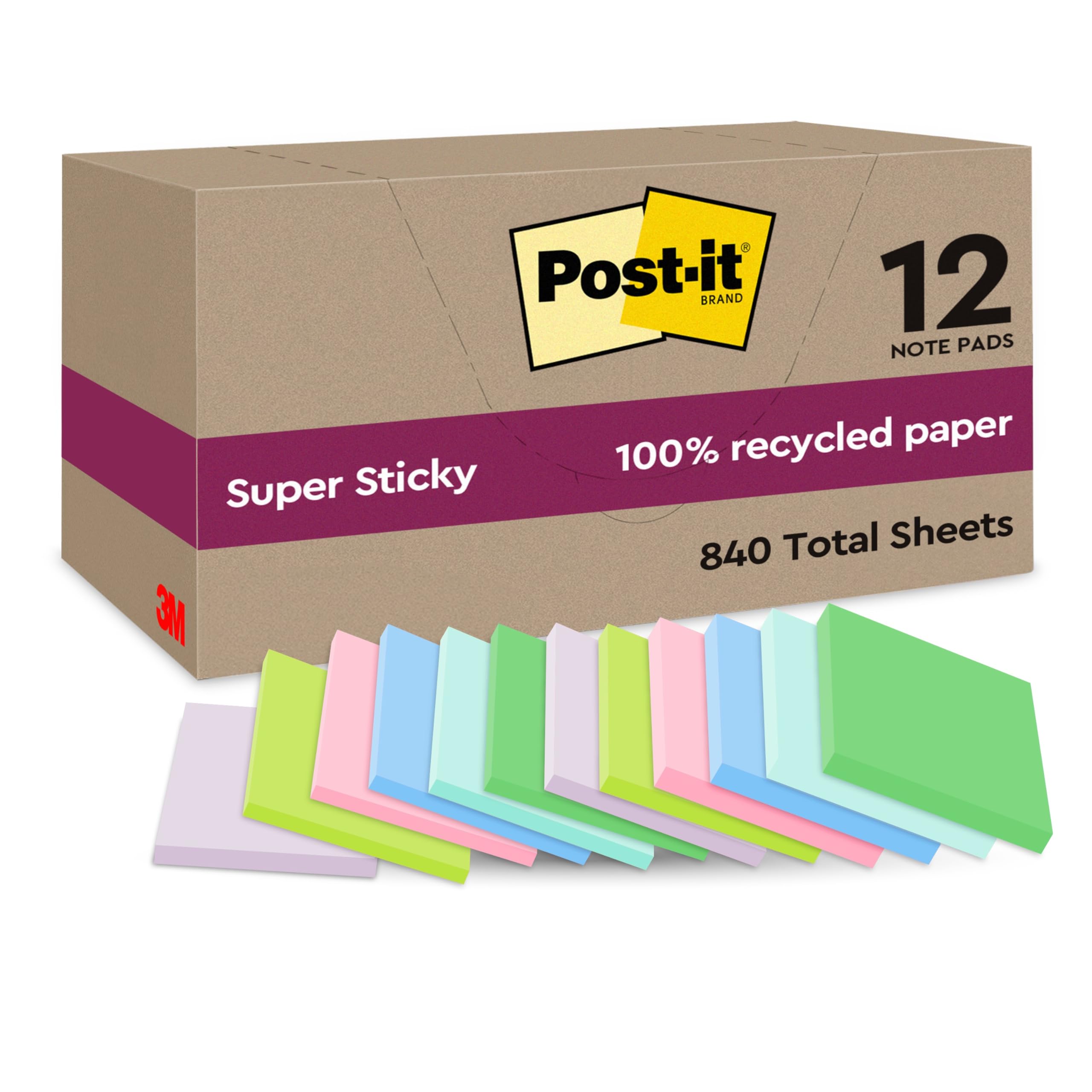 Post-it Super Sticky 100% Recycled Notes - 12 Pads, 70 Sheets/Pad | Multi-Color 1