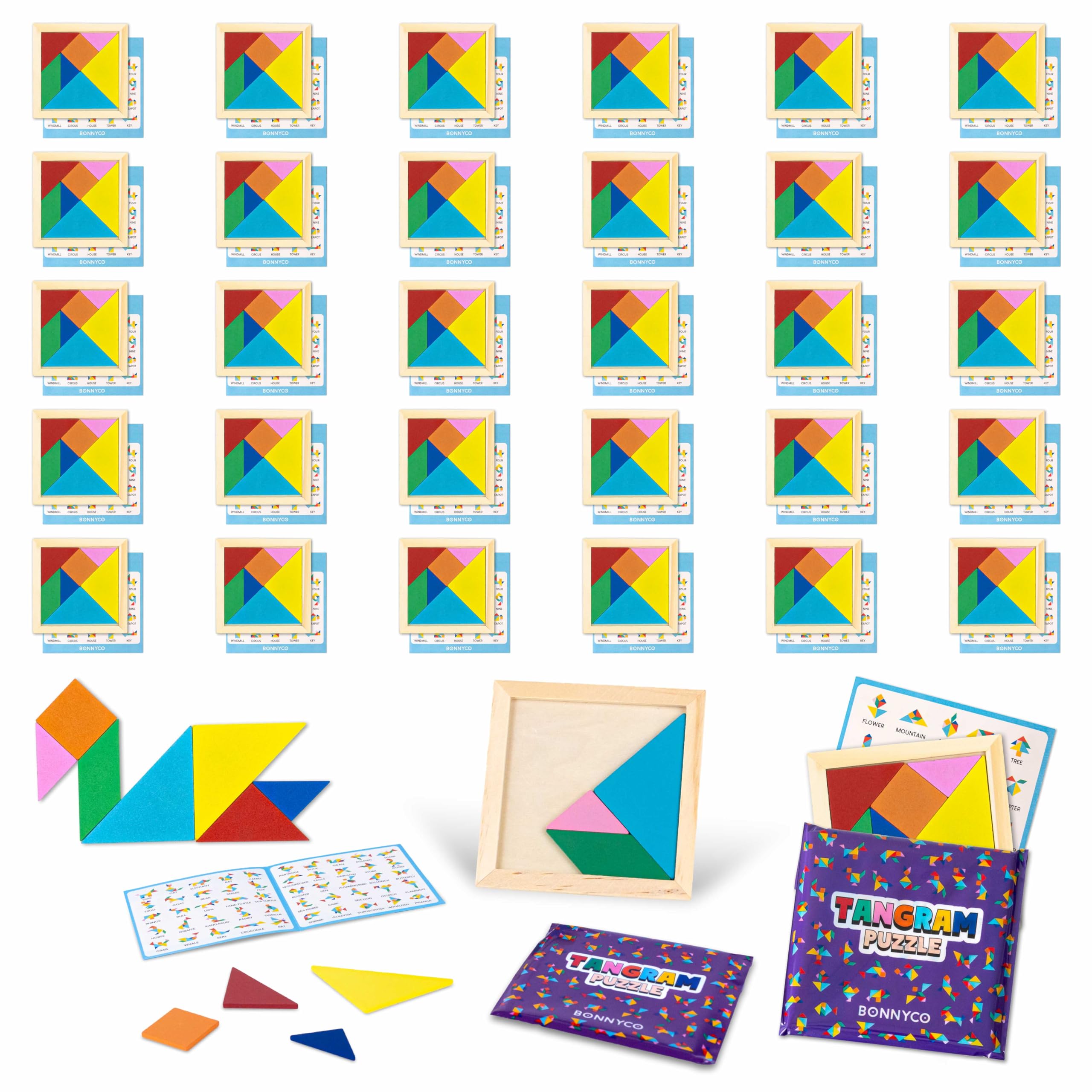 BONNYCO Tangram Puzzles - 30 Pack | Unisex Kids Party Favours | Wooden Educational Toy