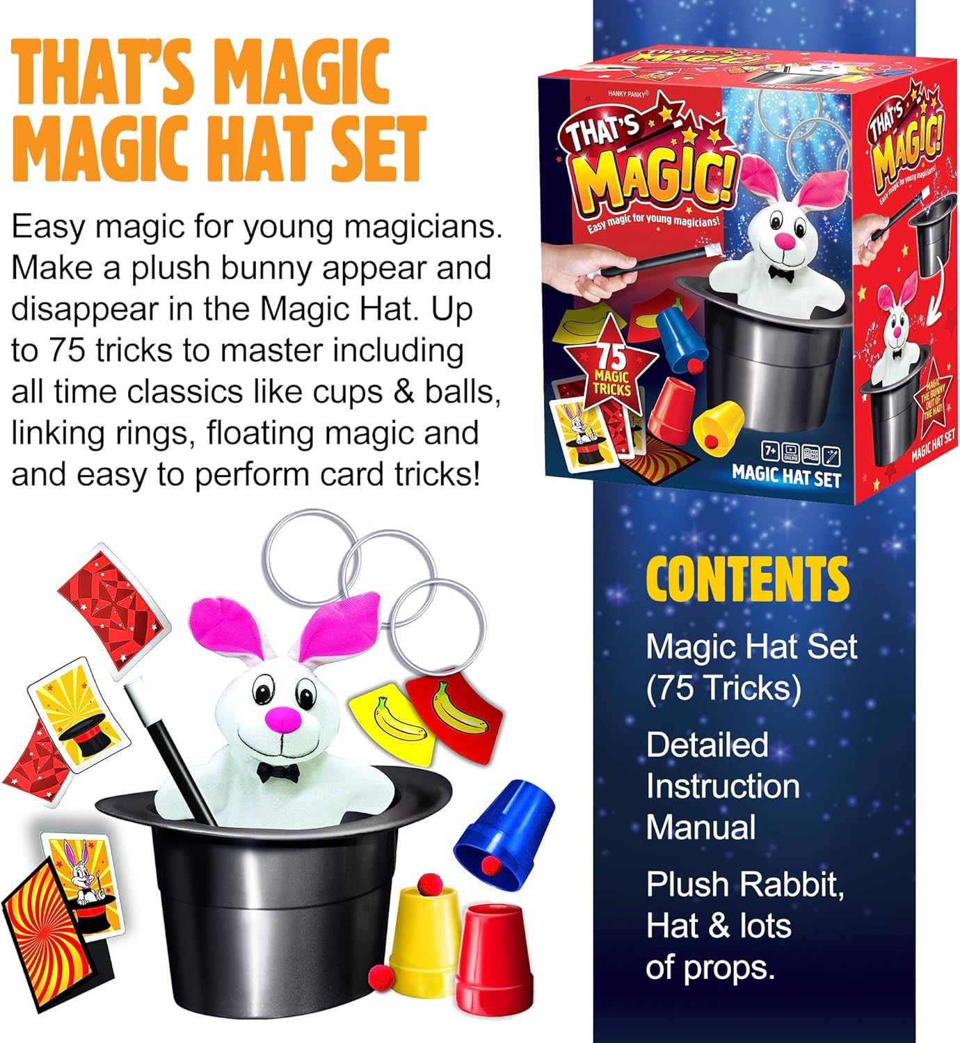 That's Magic Magic Hat Set with 75 Tricks, Rabbit, and Secret Compartment Hat for Kids 10